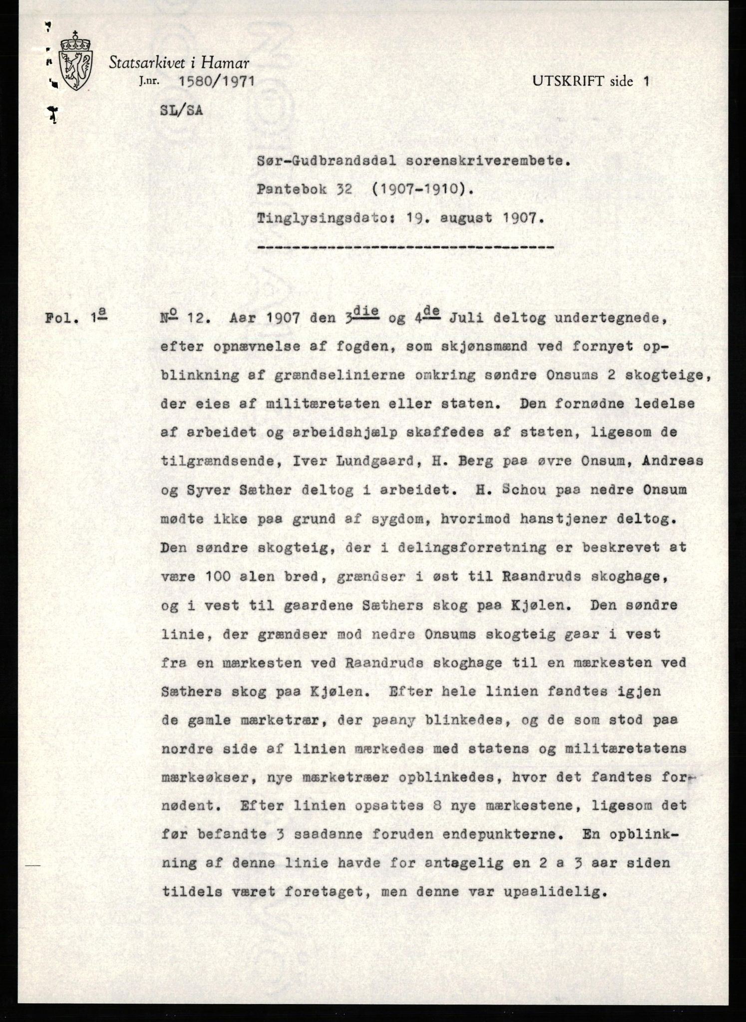 Avskriftssamlingen ved Statsarkivet i Hamar, SAH/AVSKRIFT-001/H/Hc/Hca/Hcab/L0001: Pantebok for Sør-Gudbrandsdal, 1907-1910