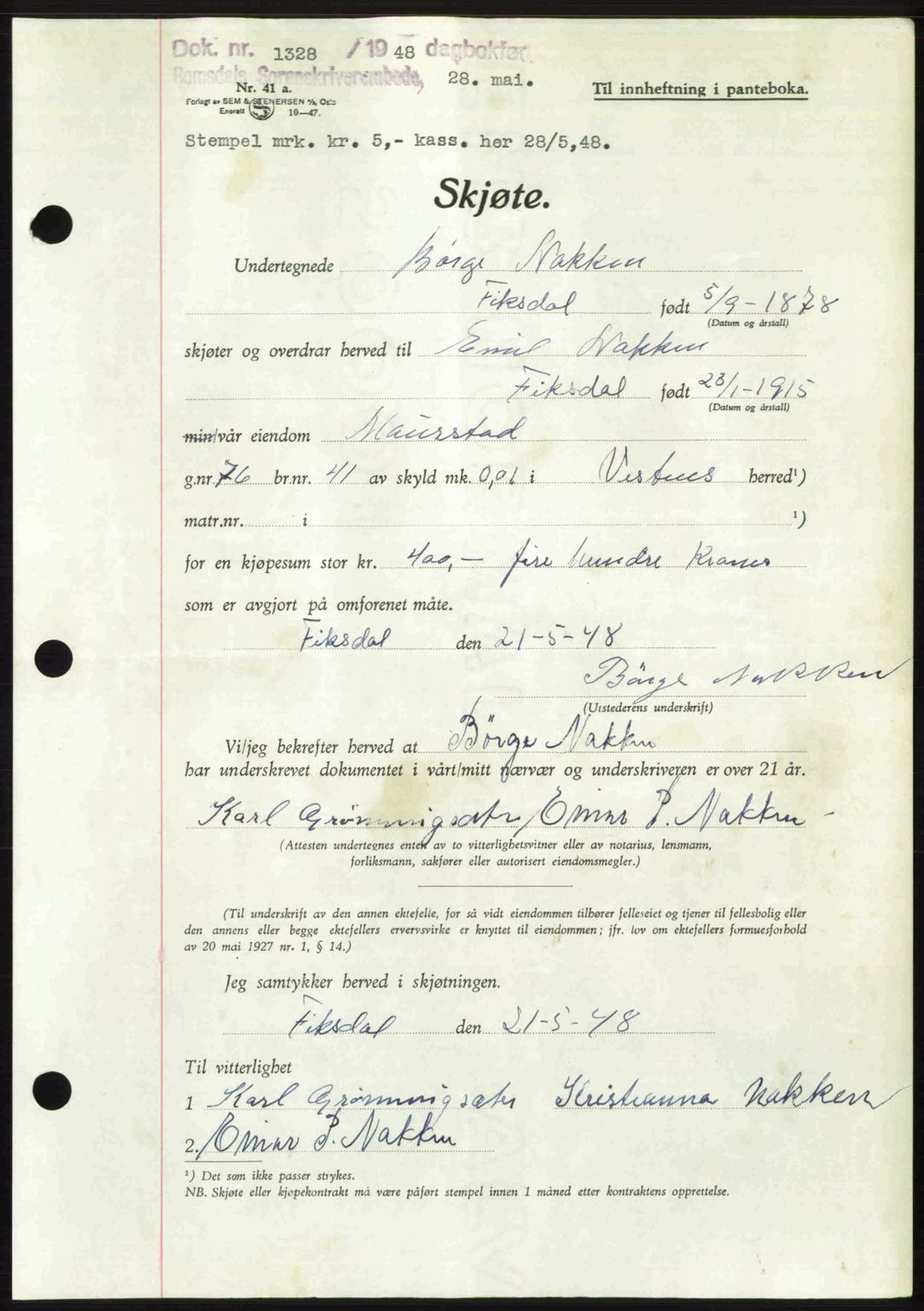 Romsdal sorenskriveri, SAT/A-4149/1/2/2C: Pantebok nr. A26, 1948-1948, Dagboknr: 1328/1948