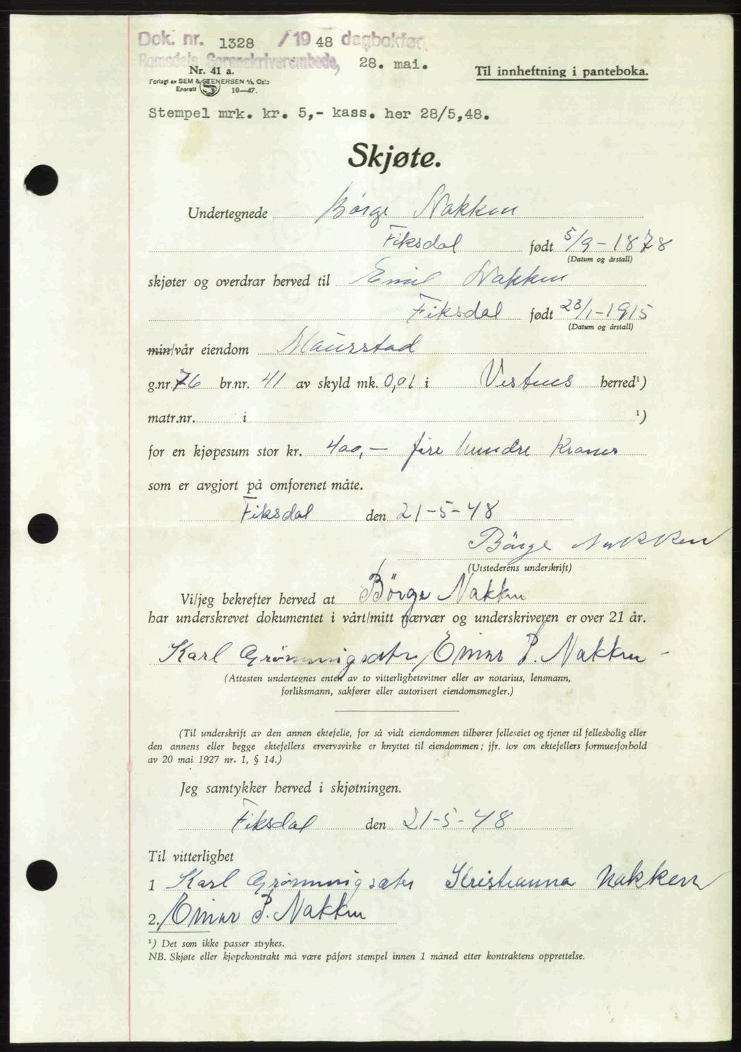 Romsdal sorenskriveri, AV/SAT-A-4149/1/2/2C: Pantebok nr. A26, 1948-1948, Dagboknr: 1328/1948