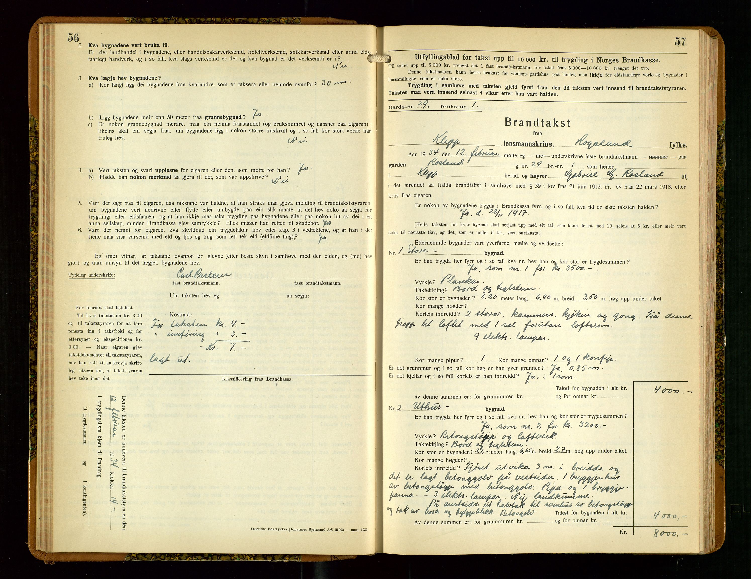 Klepp lensmannskontor, SAST/A-100163/Goc/L0013: "Brandtakstbok" m/register, 1933-1937, s. 56-57