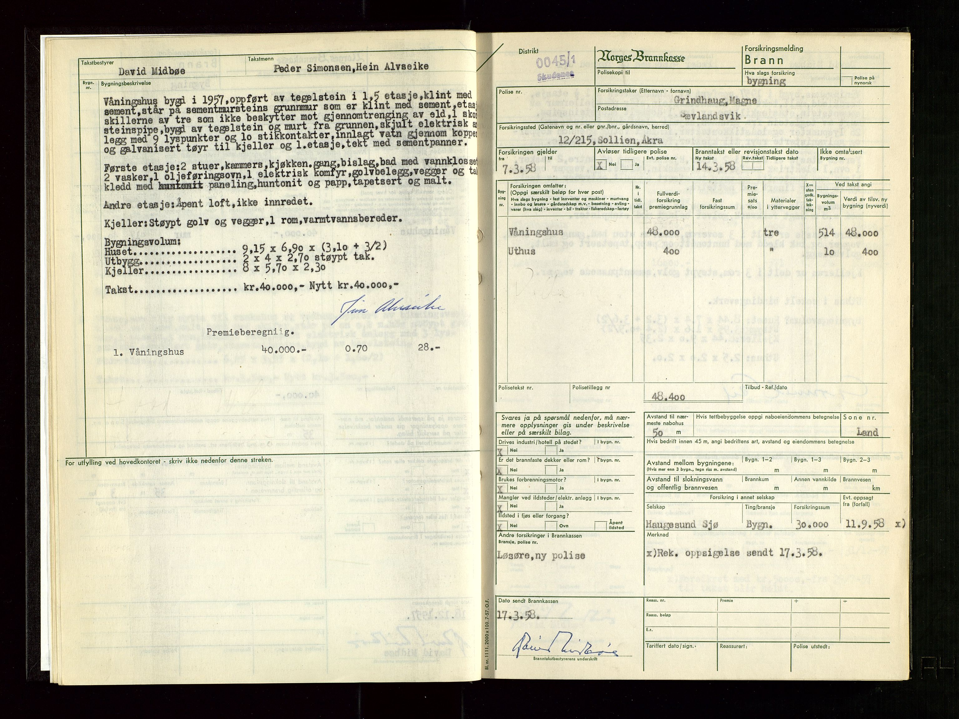 Skudenes lensmannskontor, AV/SAST-A-100444/Gob/L0005: Branntakstprotokoll, 1957-1959