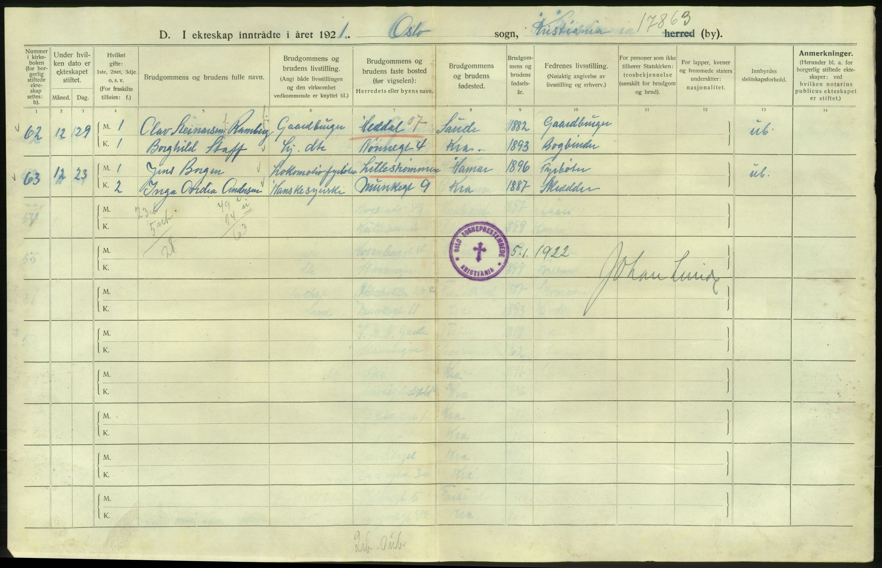 Statistisk sentralbyrå, Sosiodemografiske emner, Befolkning, AV/RA-S-2228/D/Df/Dfc/Dfca/L0011: Kristiania: Gifte, 1921, s. 658