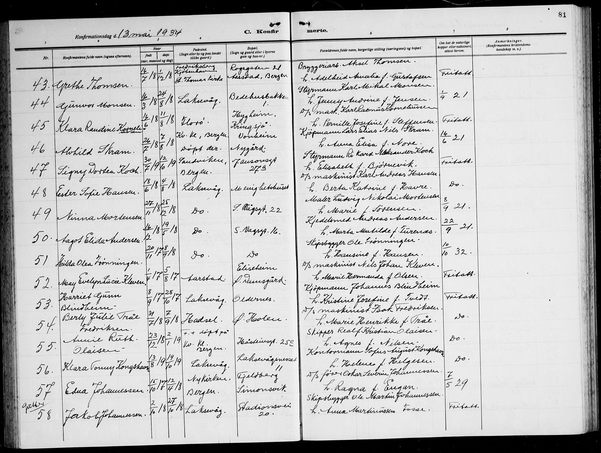 Laksevåg Sokneprestembete, AV/SAB-A-76501/H/Ha/Hab/Haba: Klokkerbok nr. A 10, 1925-1942, s. 81
