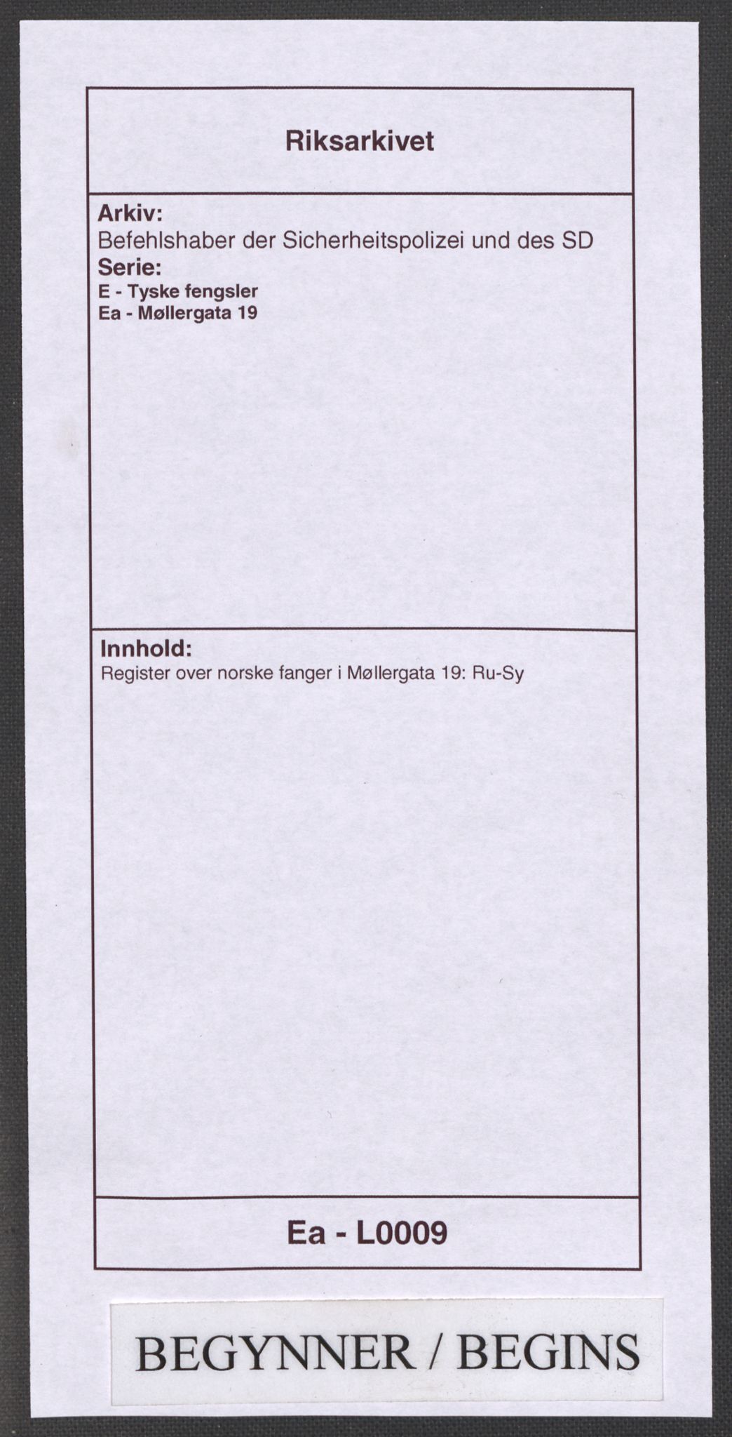 Befehlshaber der Sicherheitspolizei und des SD, AV/RA-RAFA-5969/E/Ea/Eaa/L0009: Register over norske fanger i Møllergata 19: Ru-Sy, 1940-1945, s. 1