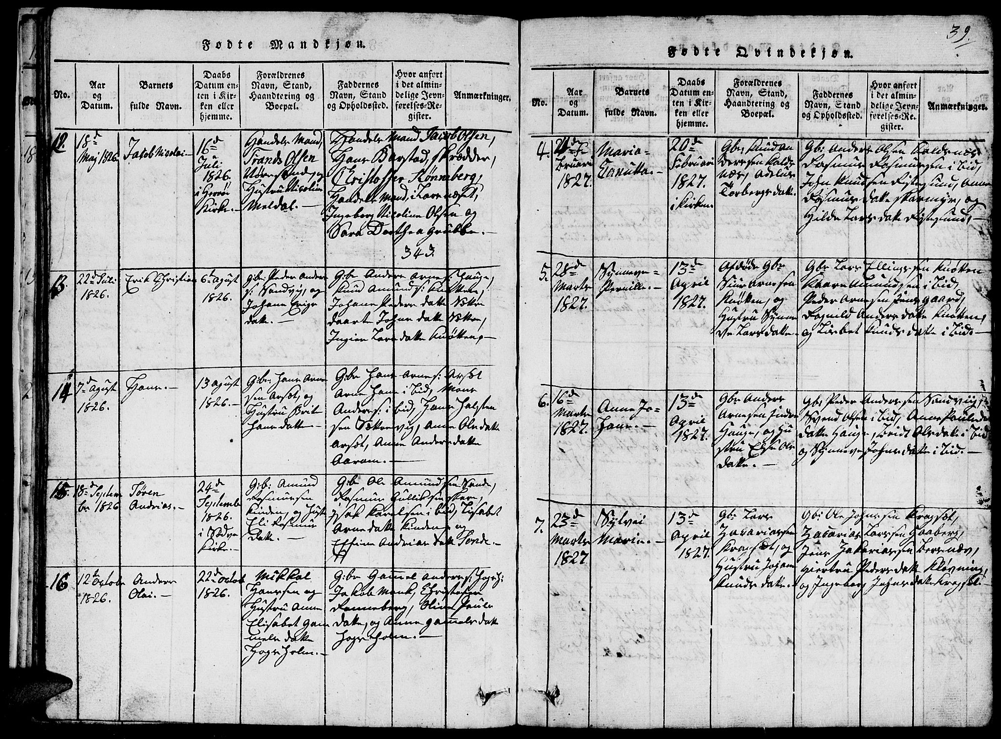 Ministerialprotokoller, klokkerbøker og fødselsregistre - Møre og Romsdal, SAT/A-1454/503/L0046: Klokkerbok nr. 503C01, 1816-1842, s. 39