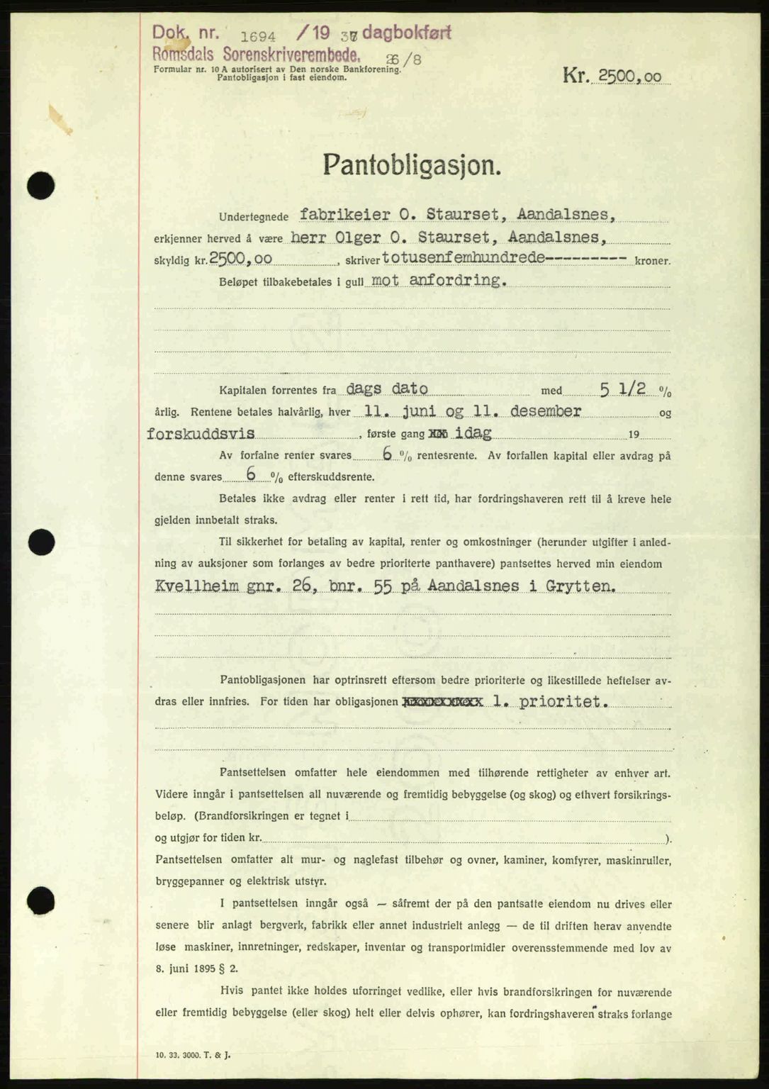 Romsdal sorenskriveri, SAT/A-4149/1/2/2C: Pantebok nr. B1, 1936-1939, Dagboknr: 1694/1937