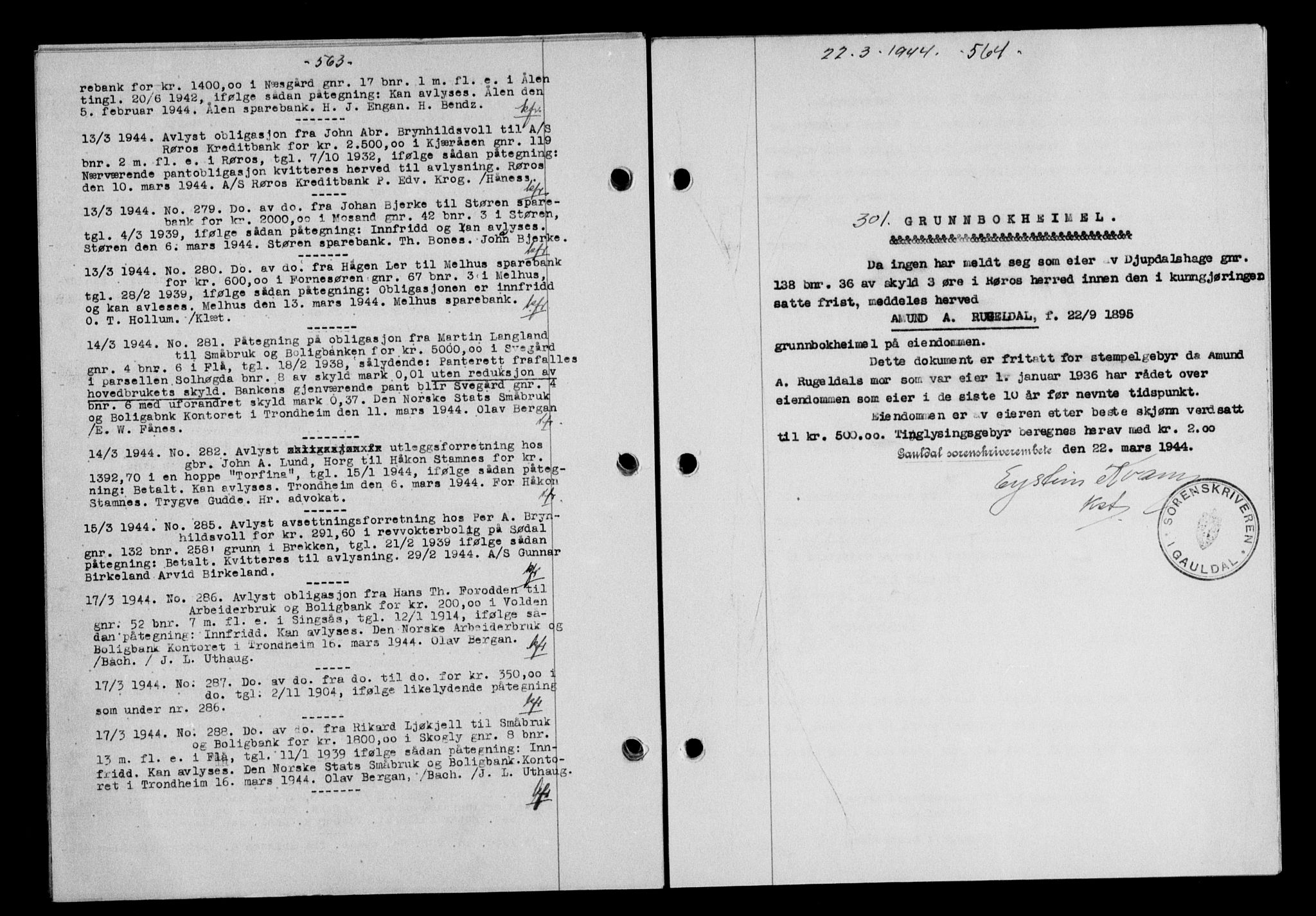 Gauldal sorenskriveri, SAT/A-0014/1/2/2C/L0057: Pantebok nr. 62, 1943-1944, Dagboknr: 301/1944