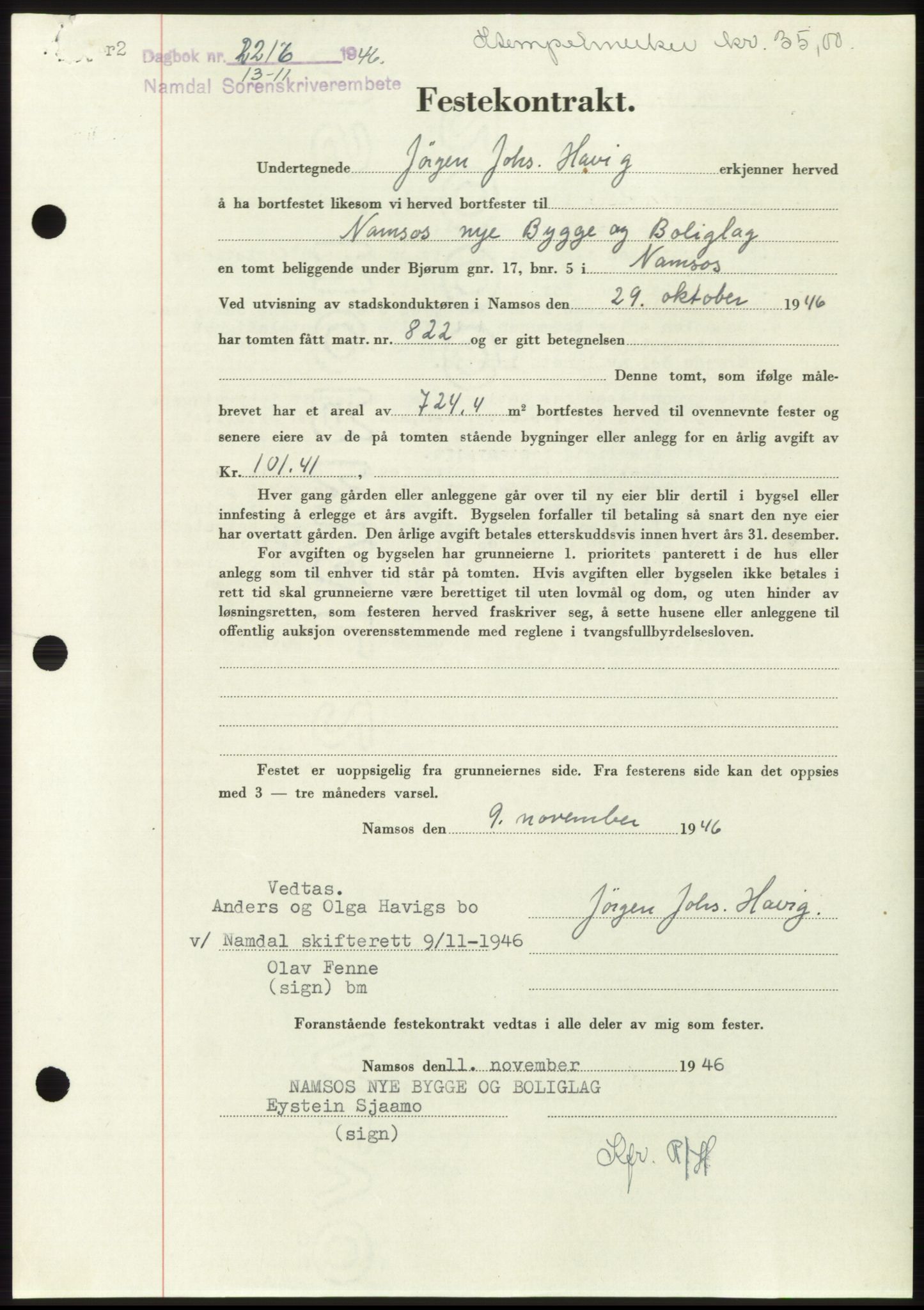 Namdal sorenskriveri, SAT/A-4133/1/2/2C: Pantebok nr. -, 1946-1947, Dagboknr: 2216/1946