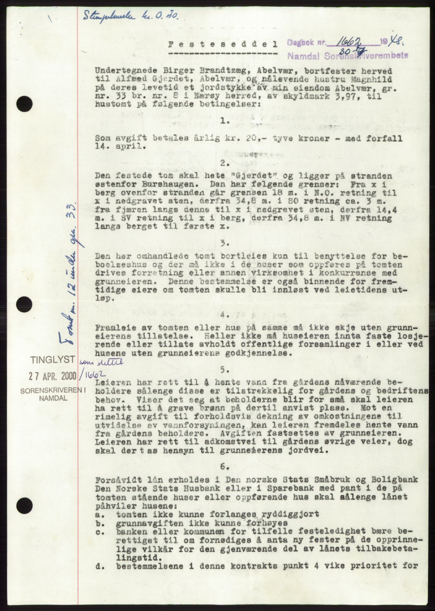 Namdal sorenskriveri, SAT/A-4133/1/2/2C: Pantebok nr. -, 1948-1948, Dagboknr: 1662/1948