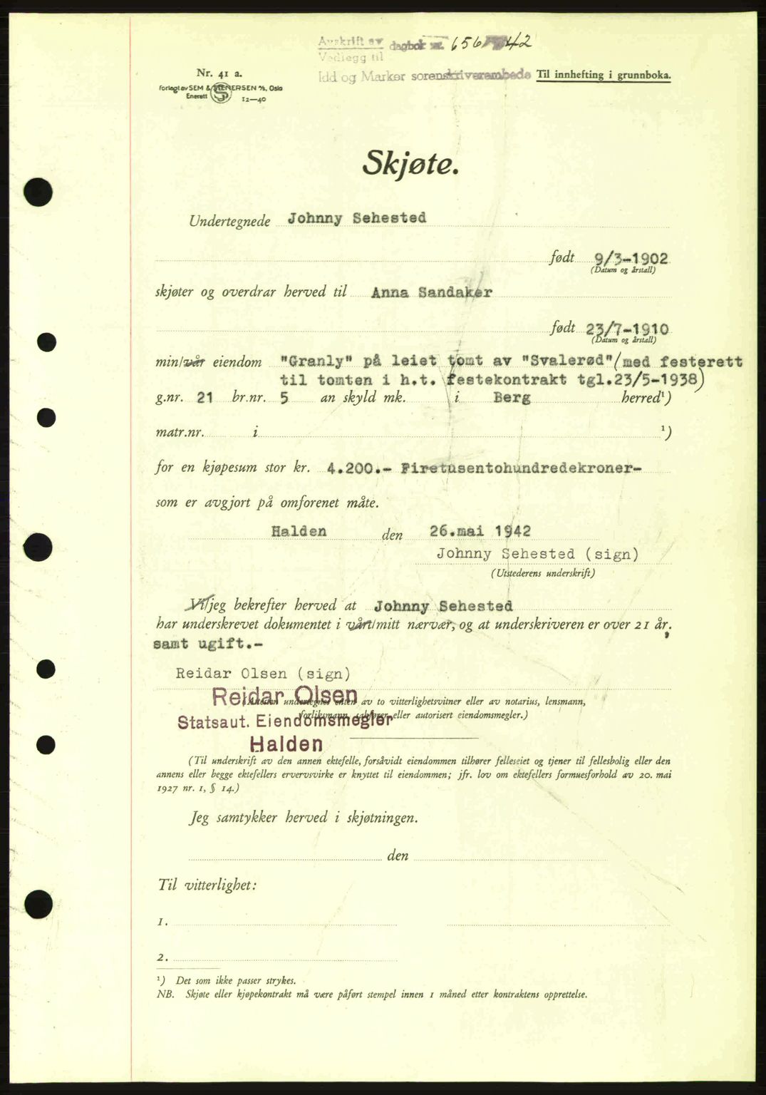 Idd og Marker sorenskriveri, AV/SAO-A-10283/G/Gb/Gbb/L0005: Pantebok nr. A5, 1941-1943, Dagboknr: 656/1942