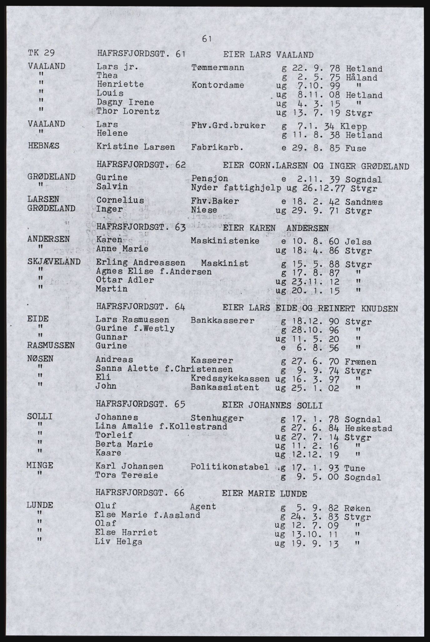 SAST, Avskrift av folketellingen 1920 for Stavanger kjøpstad, 1920, s. 67