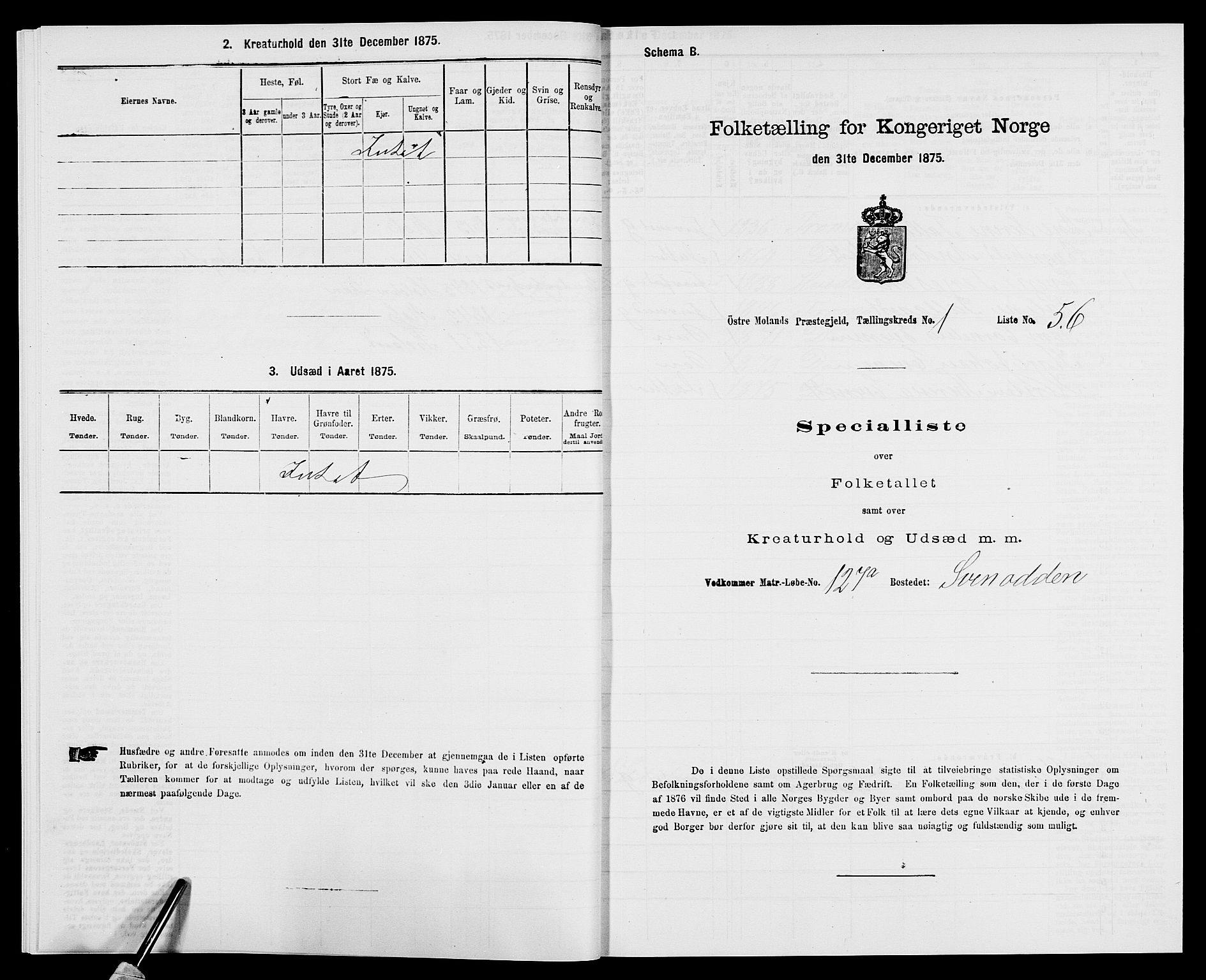 SAK, Folketelling 1875 for 0918P Austre Moland prestegjeld, 1875, s. 225