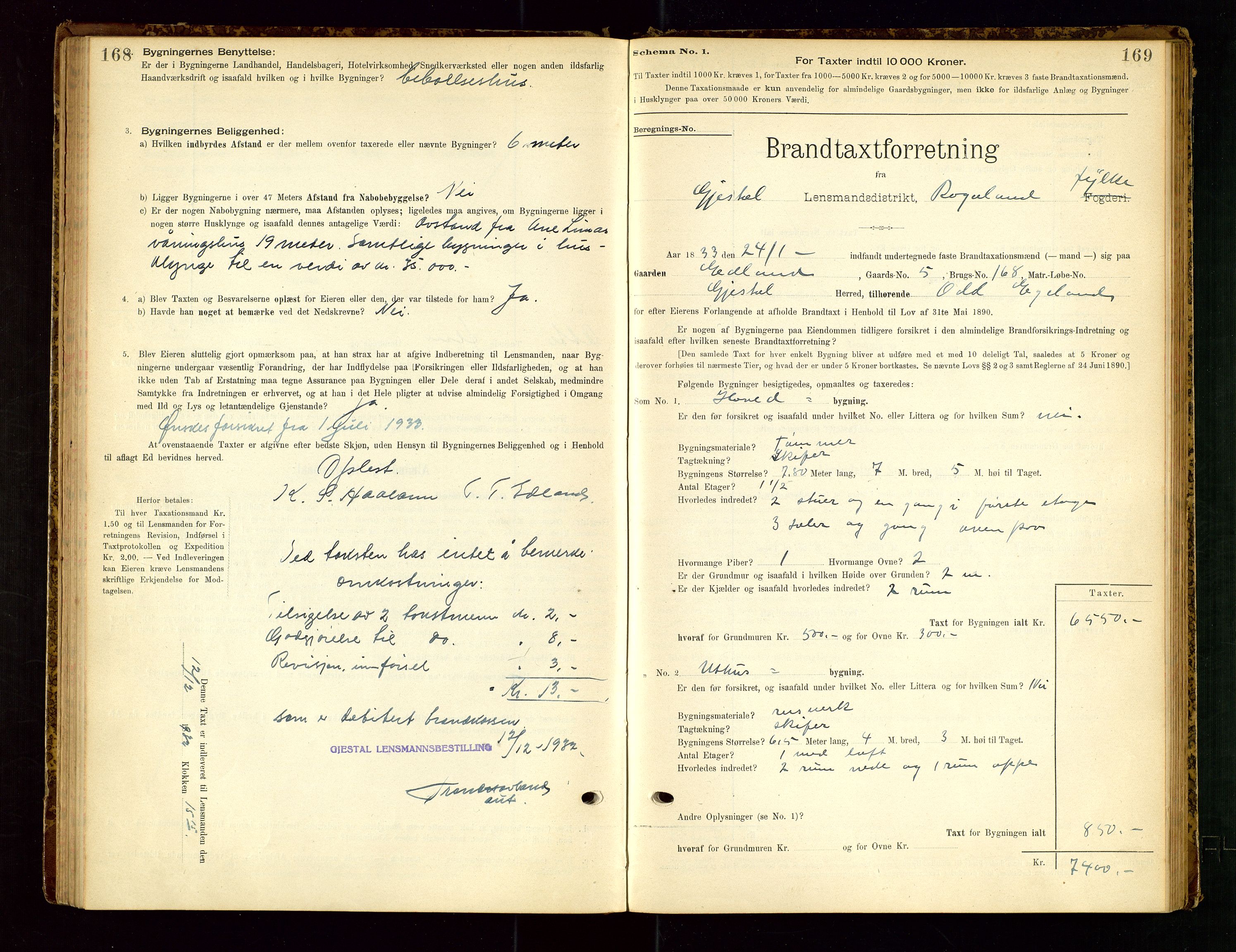 Gjesdal lensmannskontor, SAST/A-100441/Go/L0007: Branntakstskjemaprotokoll, 1894-1937, s. 168-169