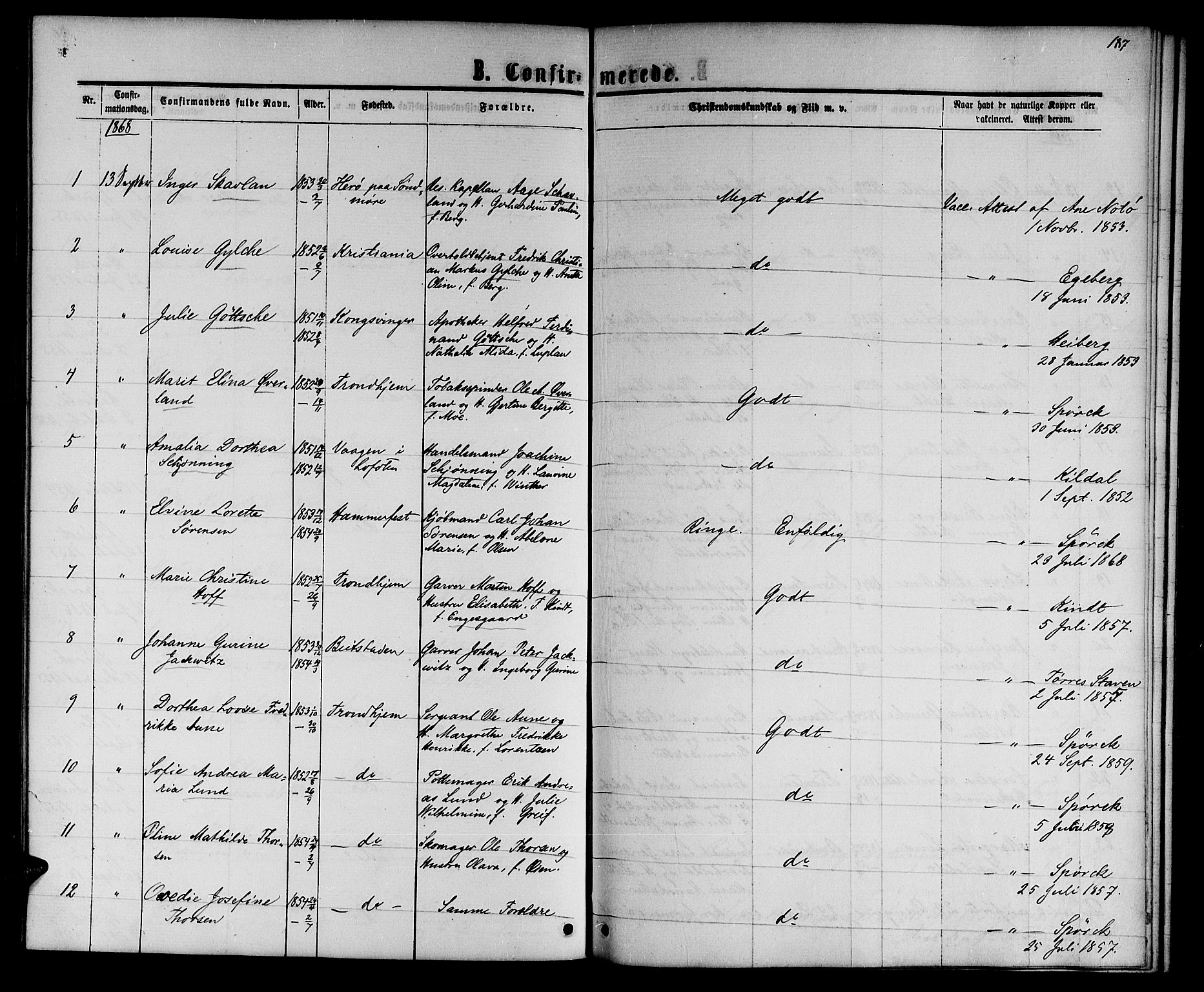 Ministerialprotokoller, klokkerbøker og fødselsregistre - Sør-Trøndelag, SAT/A-1456/601/L0087: Klokkerbok nr. 601C05, 1864-1881, s. 187