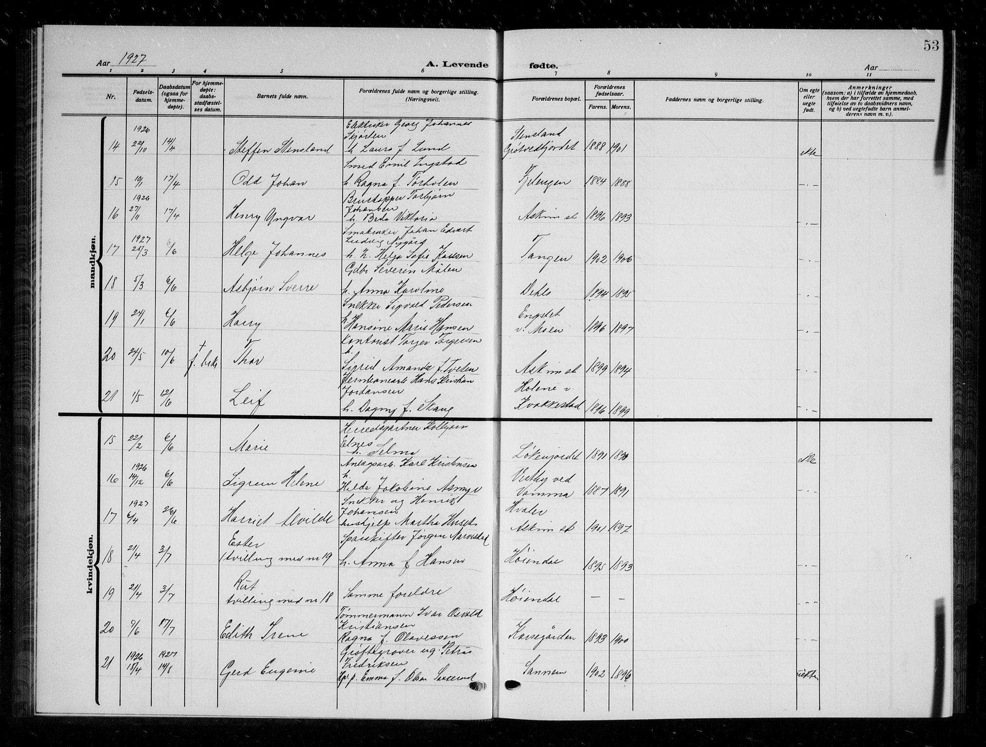 Askim prestekontor Kirkebøker, AV/SAO-A-10900/G/Ga/L0003: Klokkerbok nr. 3, 1921-1937, s. 53