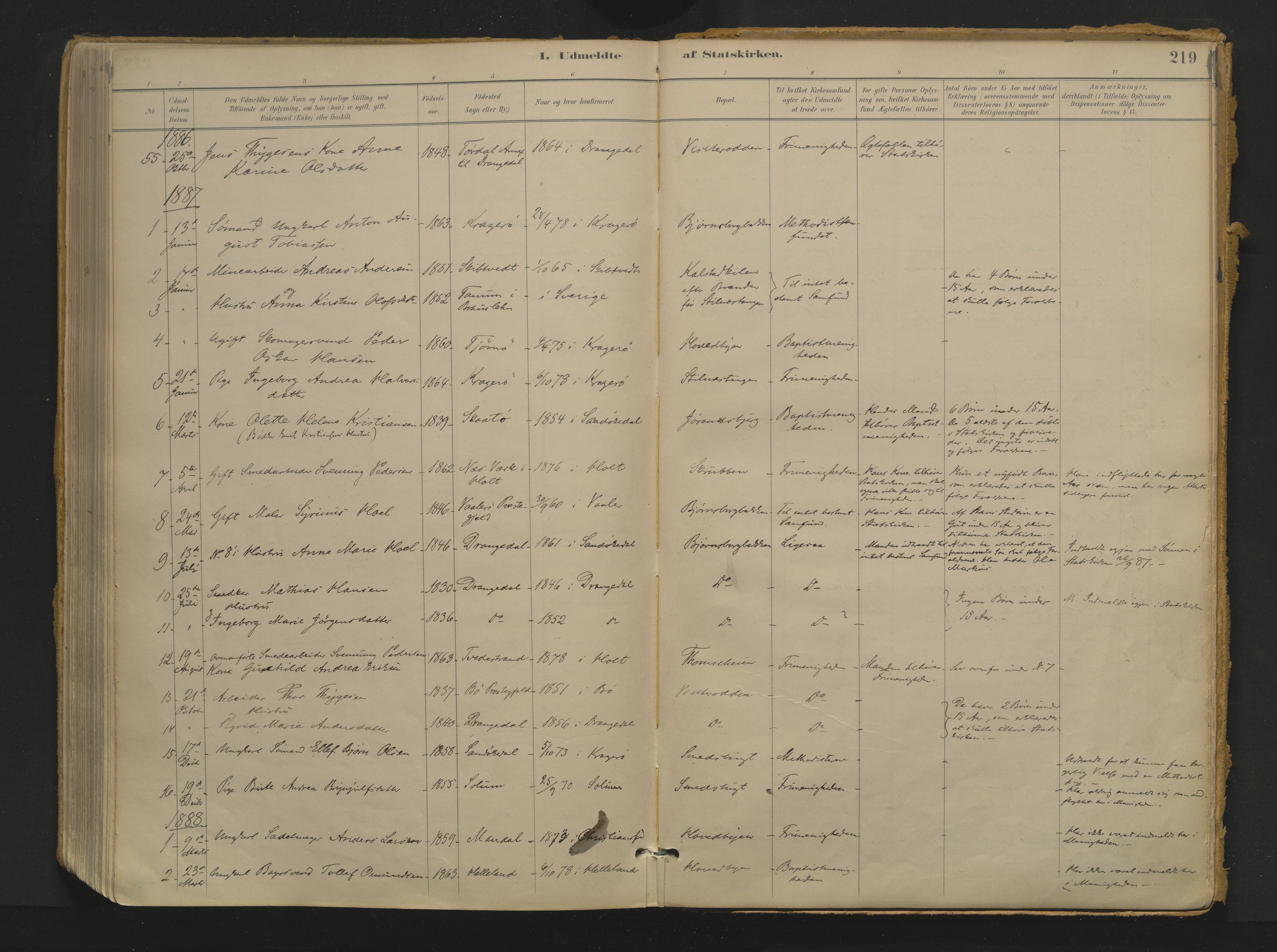 Kragerø kirkebøker, AV/SAKO-A-278/F/Fa/L0017: Ministerialbok nr. 17, 1886-1923, s. 219