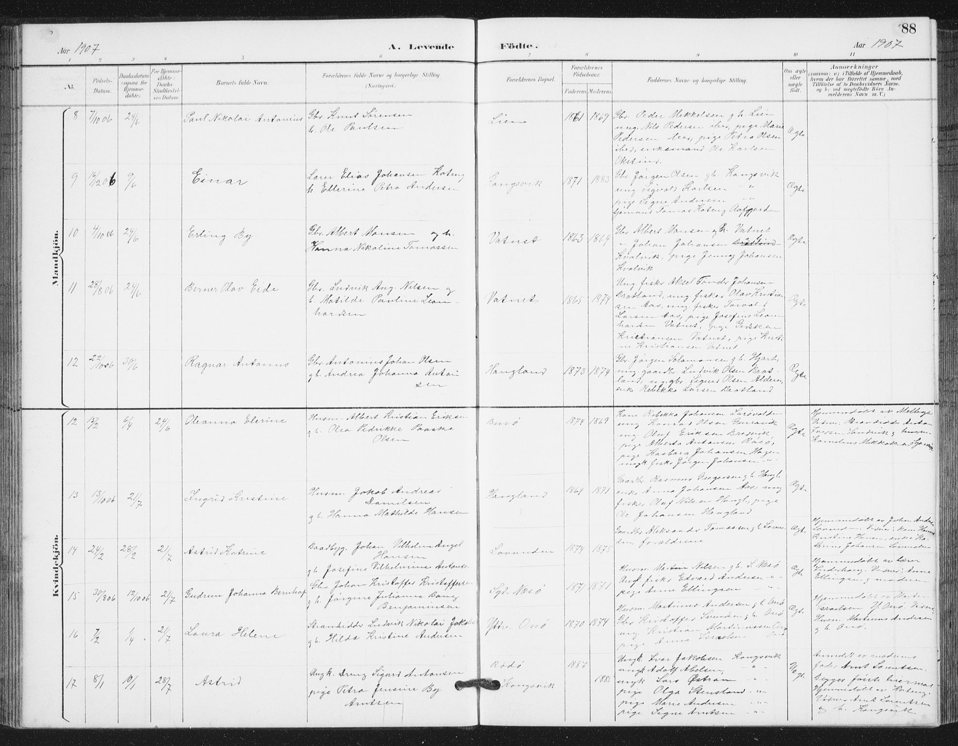 Ministerialprotokoller, klokkerbøker og fødselsregistre - Nordland, AV/SAT-A-1459/839/L0573: Klokkerbok nr. 839C03, 1892-1917, s. 88