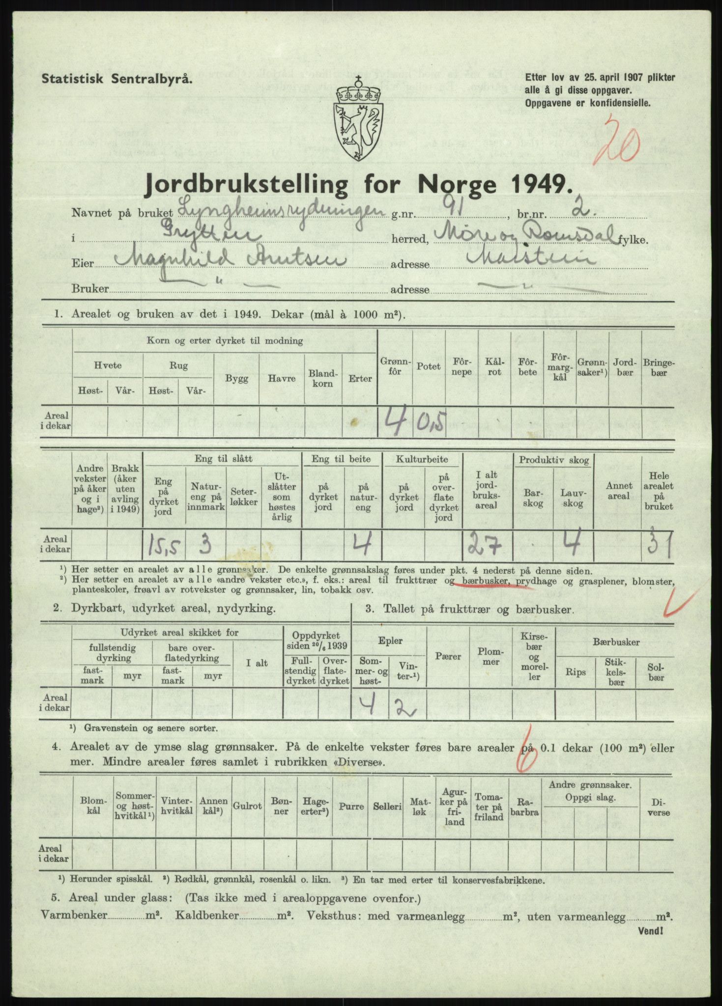 Statistisk sentralbyrå, Næringsøkonomiske emner, Jordbruk, skogbruk, jakt, fiske og fangst, AV/RA-S-2234/G/Gc/L0323: Møre og Romsdal: Grytten og Hen, 1949, s. 113