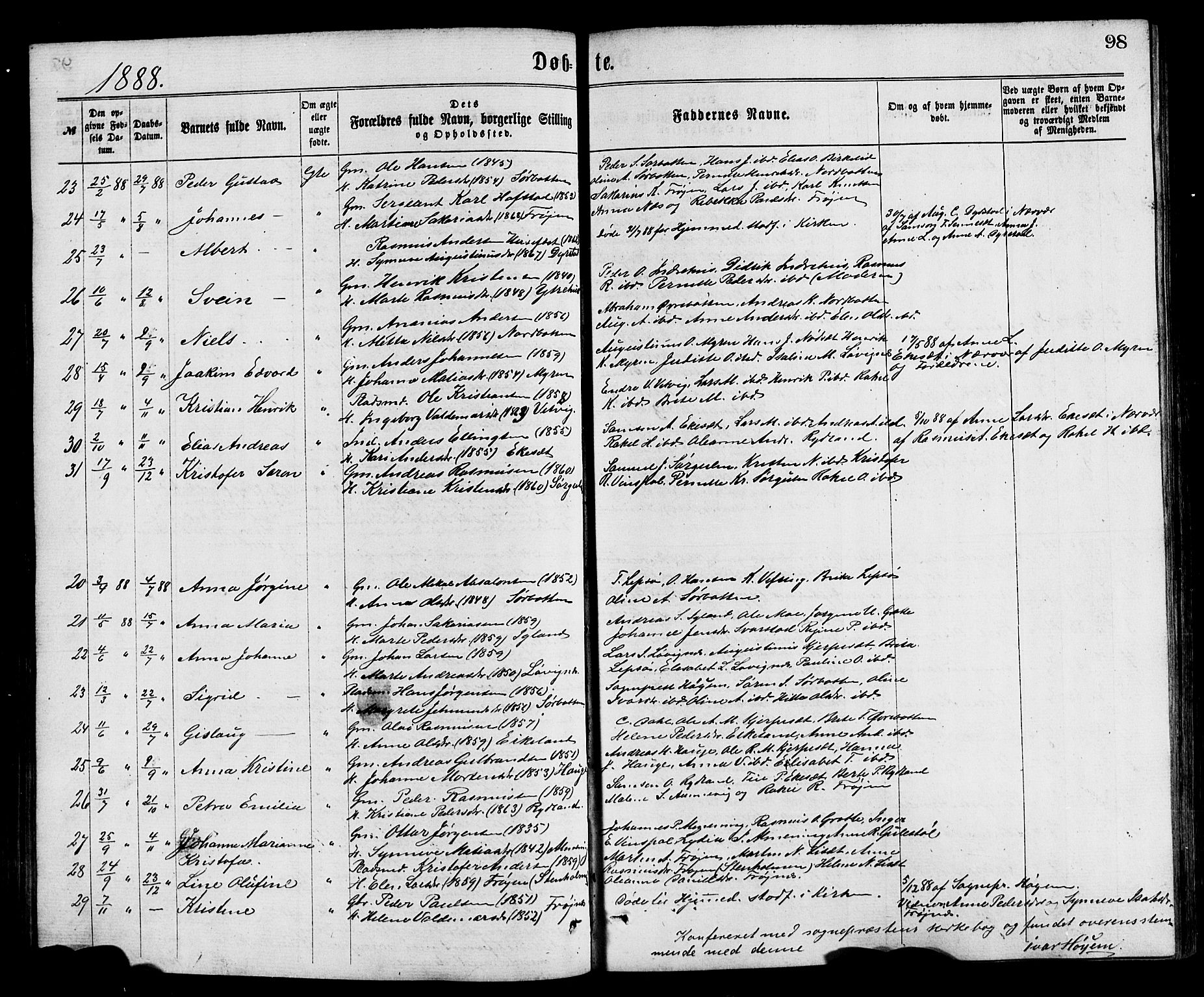 Bremanger sokneprestembete, AV/SAB-A-82201/H/Hab/Haba/L0002: Klokkerbok nr. A 2, 1866-1889, s. 98