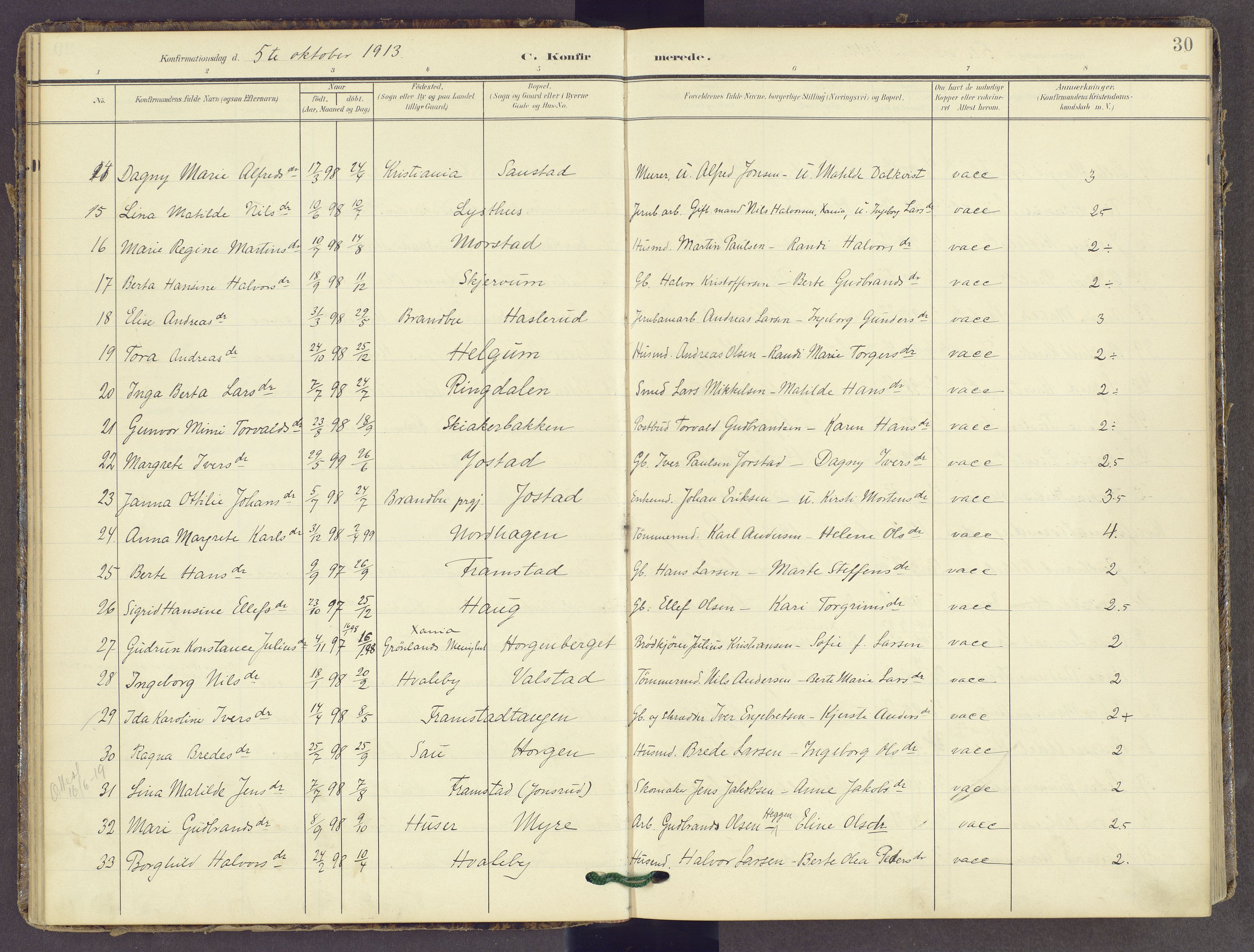 Gran prestekontor, AV/SAH-PREST-112/H/Ha/Haa/L0022: Ministerialbok nr. 22, 1908-1918, s. 30
