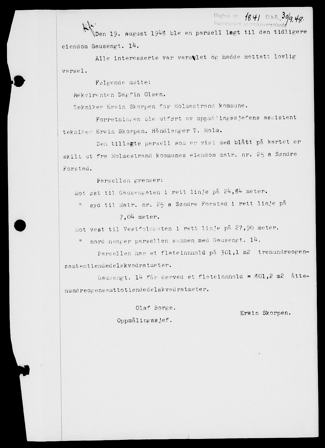 Holmestrand sorenskriveri, SAKO/A-67/G/Ga/Gaa/L0064: Pantebok nr. A-64, 1948-1948, Dagboknr: 1841/1948