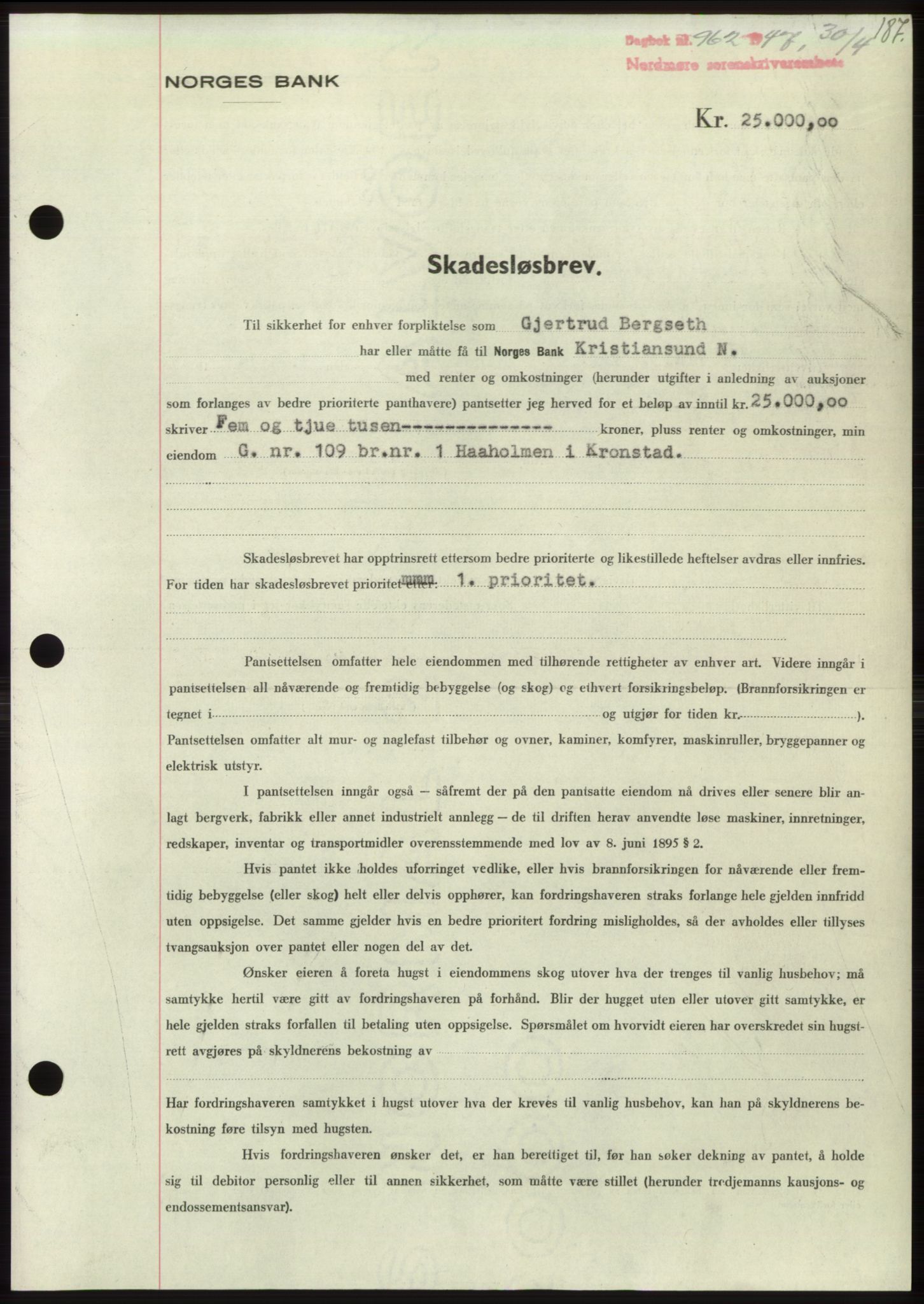 Nordmøre sorenskriveri, SAT/A-4132/1/2/2Ca: Pantebok nr. B96, 1947-1947, Dagboknr: 962/1947