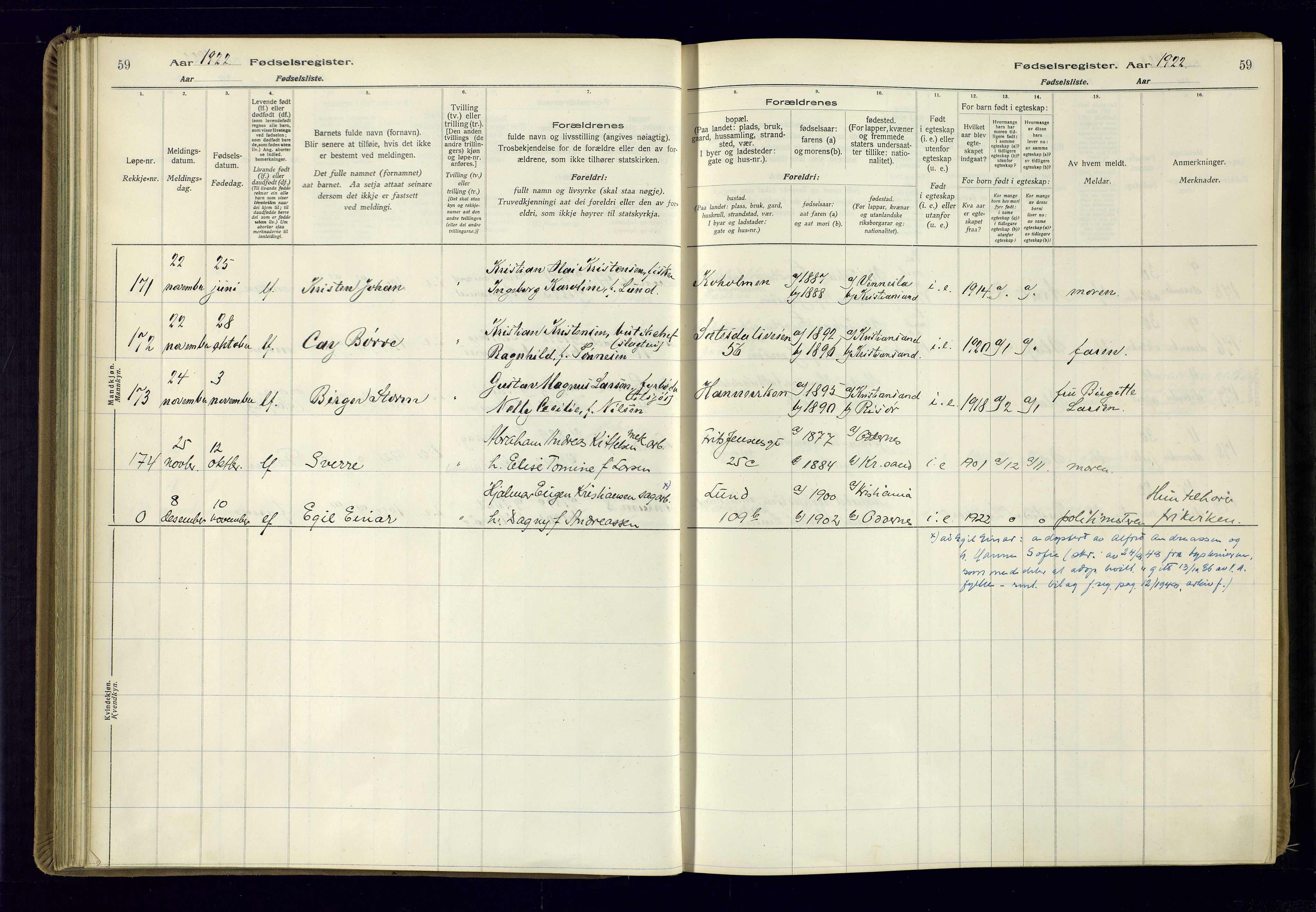 Kristiansand domprosti, AV/SAK-1112-0006/J/Jc/L0002: Fødselsregister nr. A-VI-46, 1921-1926, s. 59