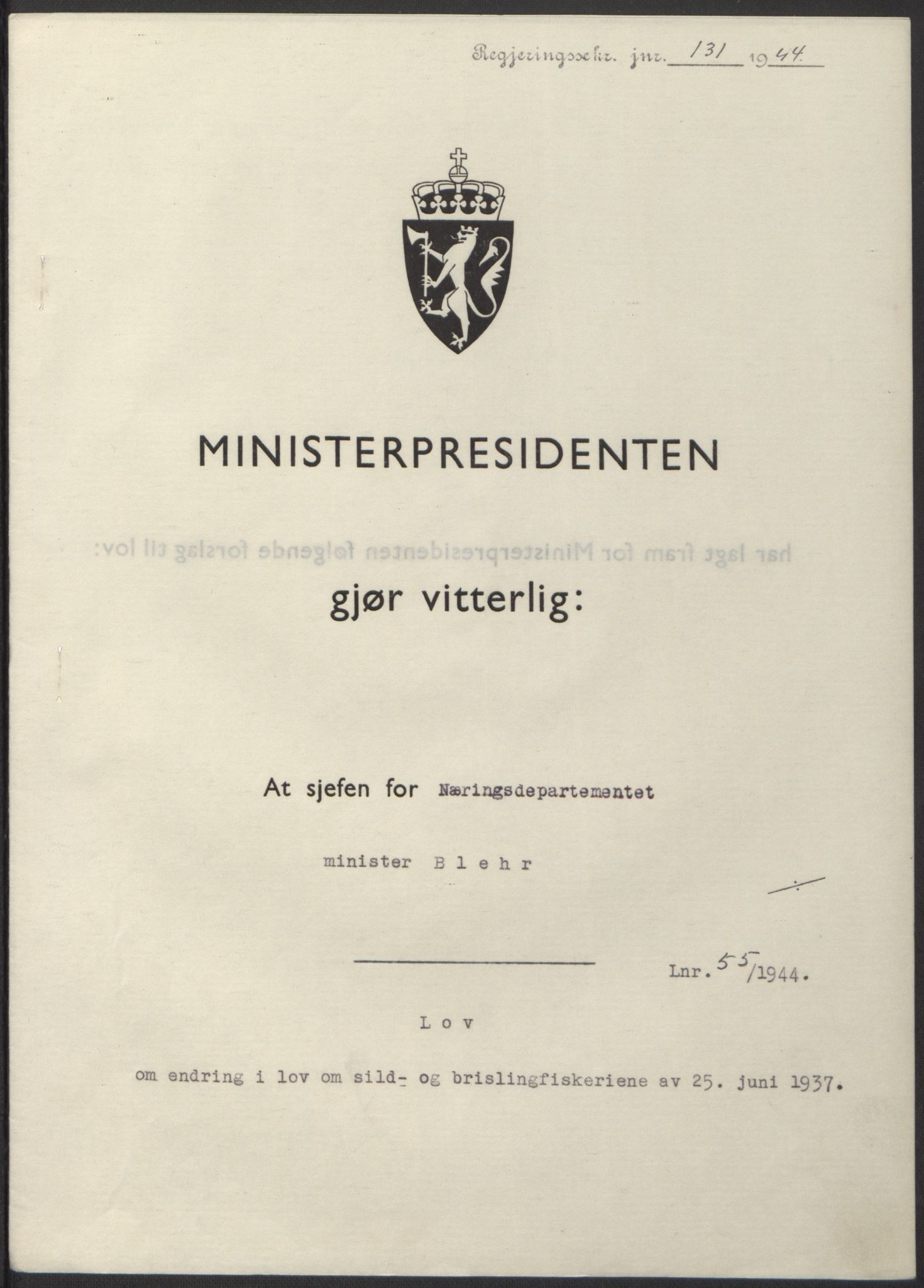 NS-administrasjonen 1940-1945 (Statsrådsekretariatet, de kommisariske statsråder mm), AV/RA-S-4279/D/Db/L0100: Lover, 1944, s. 256