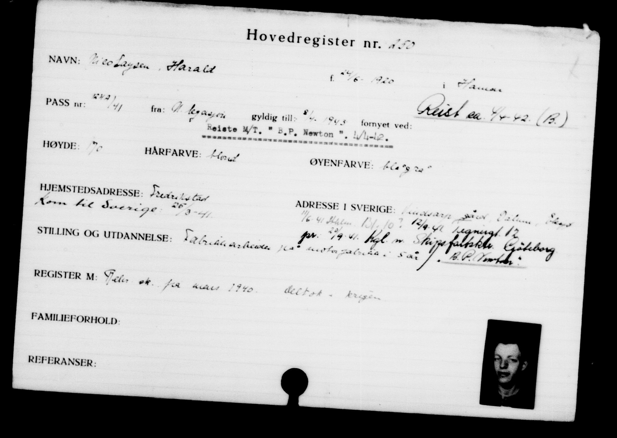 Utenriksstasjonene, Legasjonen i Stockholm, Flyktningkontoret, AV/RA-S-6753/V/Va/L0001: Kjesäterkartoteket, flyktninger med registreringsnr. 1-1000, 1940-1945, s. 399