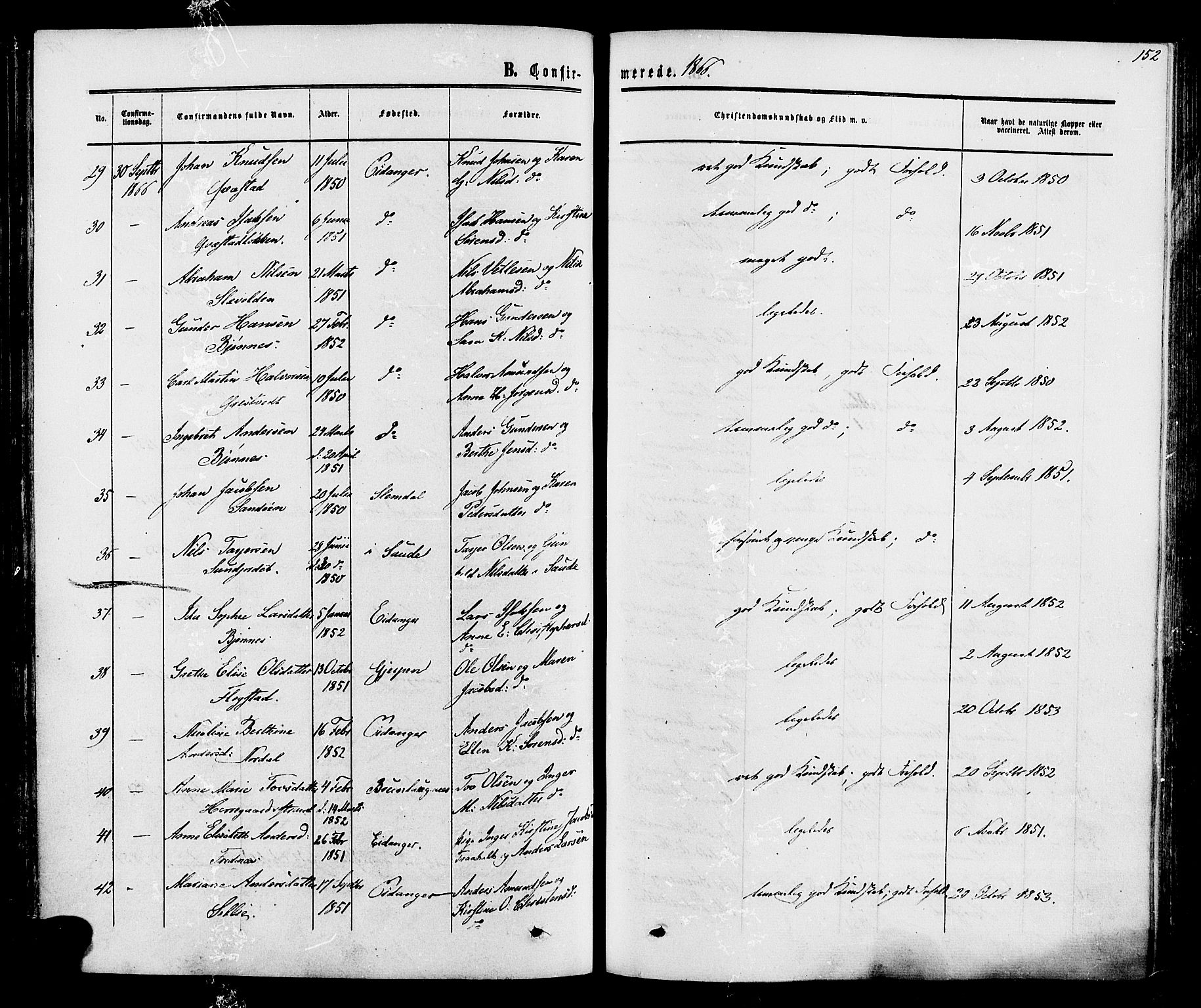 Eidanger kirkebøker, SAKO/A-261/F/Fa/L0010: Ministerialbok nr. 10, 1859-1874, s. 152