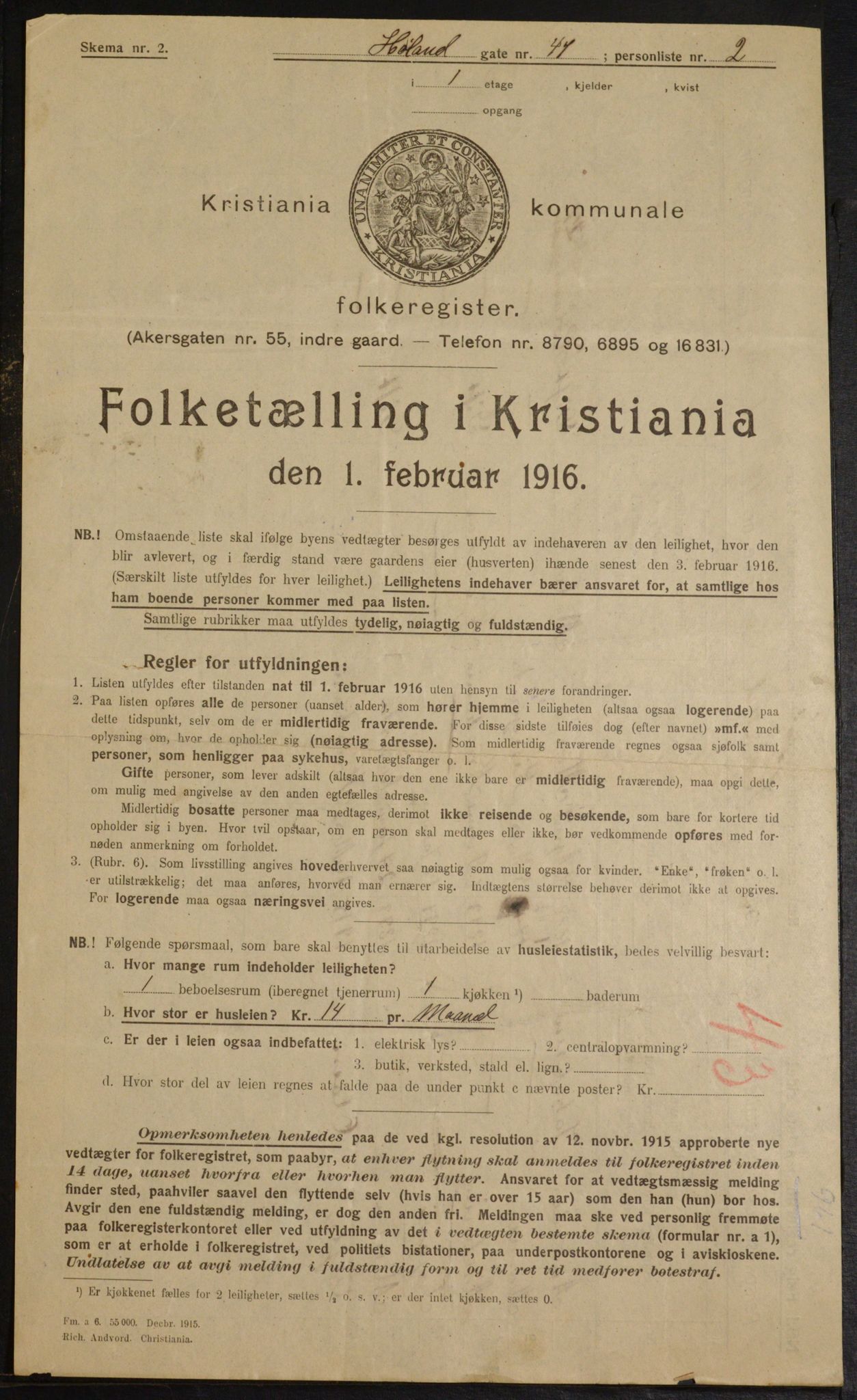 OBA, Kommunal folketelling 1.2.1916 for Kristiania, 1916, s. 43373