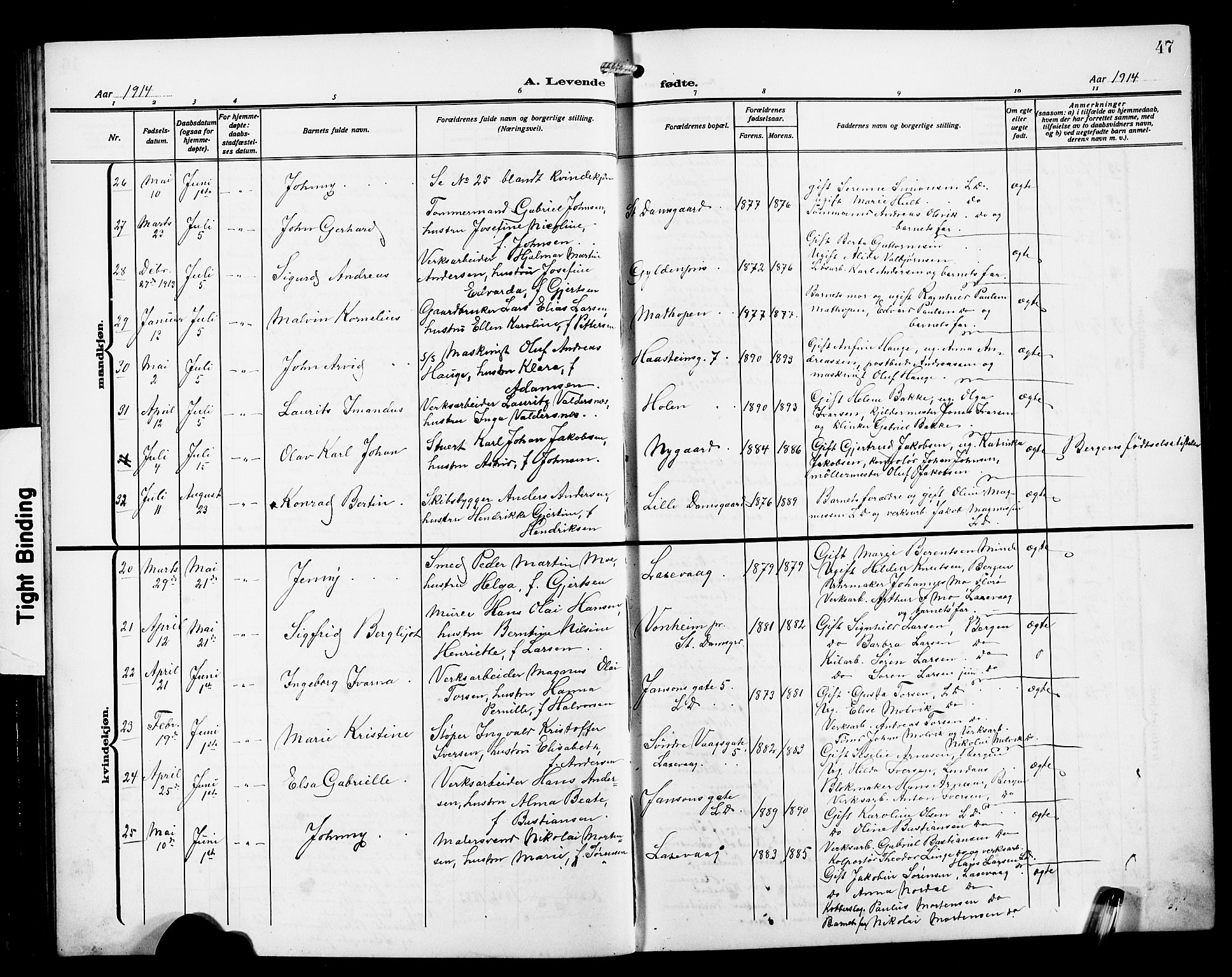 Laksevåg Sokneprestembete, AV/SAB-A-76501/H/Ha/Hab/Haba/L0005: Klokkerbok nr. A 5, 1910-1917, s. 47