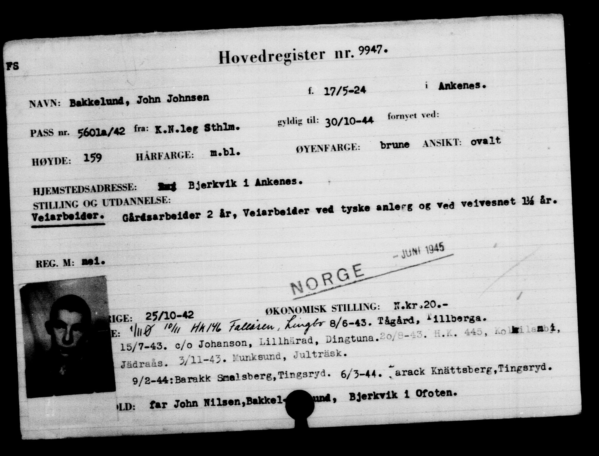 Utenriksstasjonene, Legasjonen i Stockholm, Flyktningkontoret, AV/RA-S-6753/V/Va/L0006: Kjesäterkartoteket, flyktninger med registreringsnr. 9400-12711, 1940-1945, s. 618