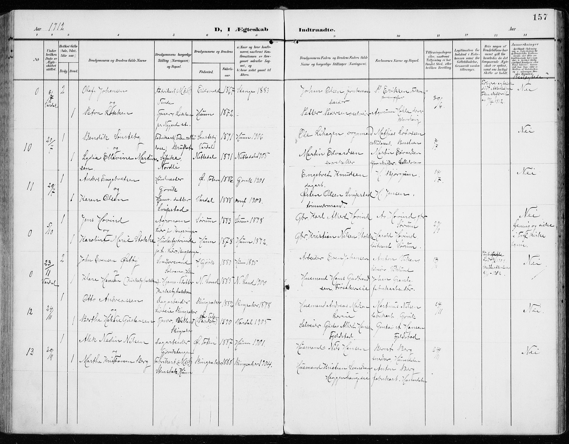 Vardal prestekontor, AV/SAH-PREST-100/H/Ha/Haa/L0016: Ministerialbok nr. 16, 1904-1916, s. 157