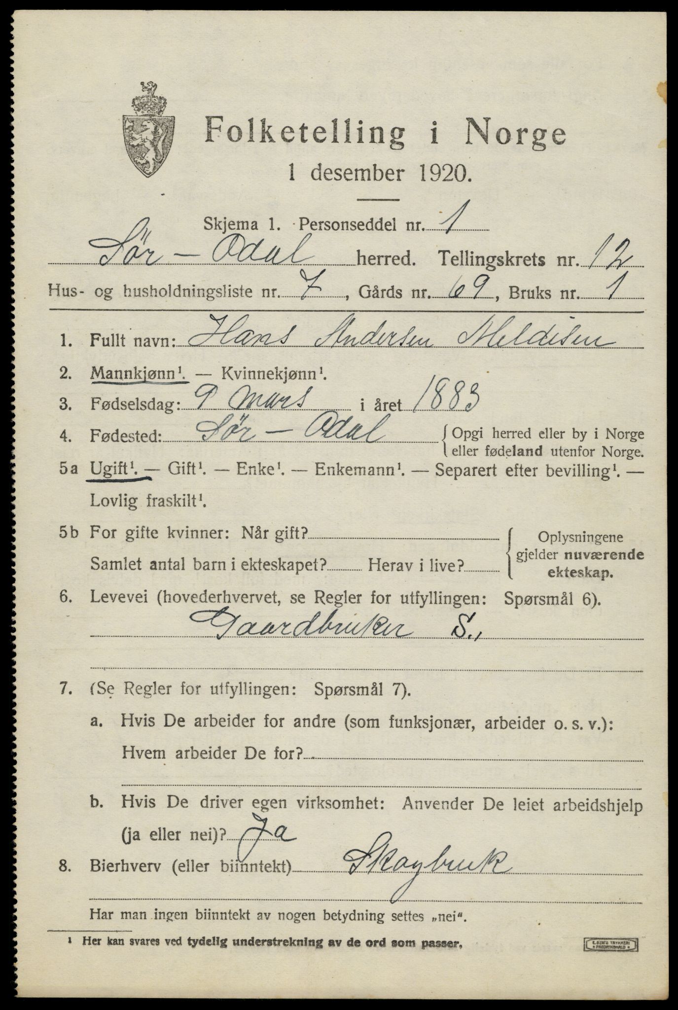 SAH, Folketelling 1920 for 0419 Sør-Odal herred, 1920, s. 12273