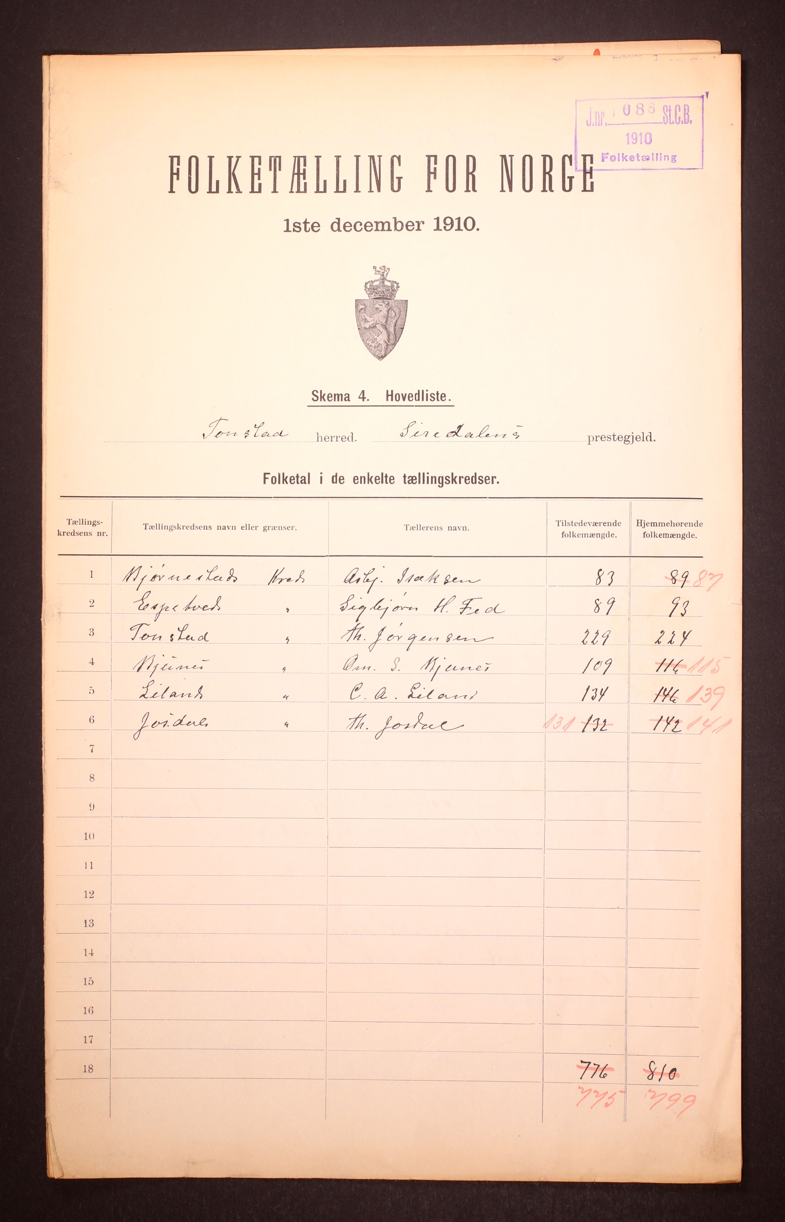 RA, Folketelling 1910 for 1046 Tonstad herred, 1910, s. 2