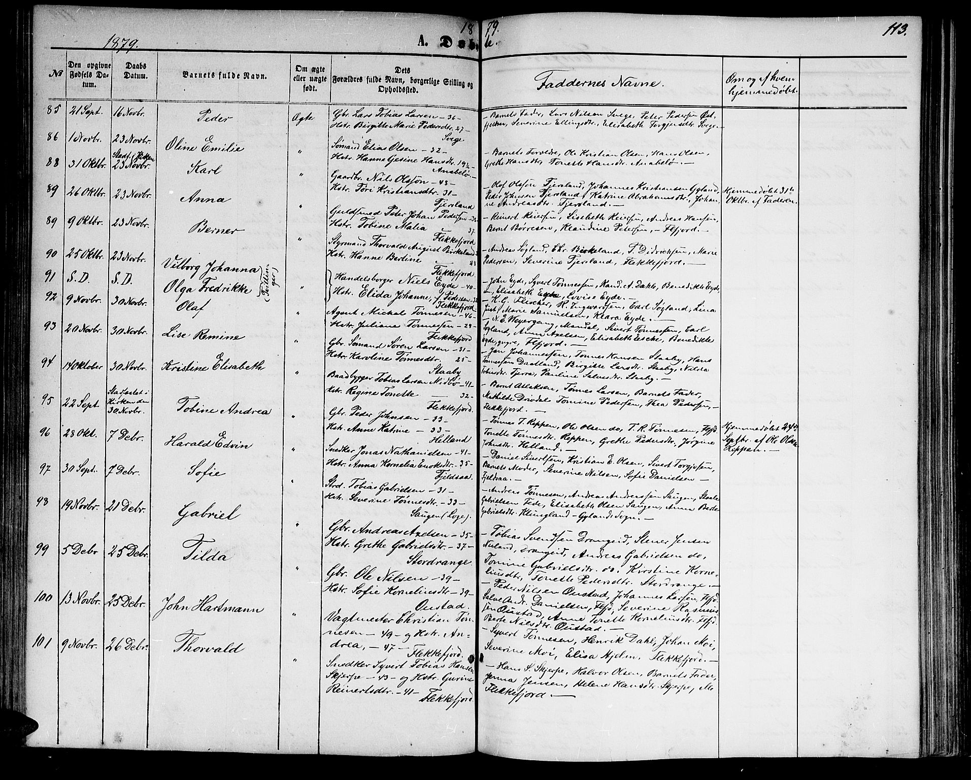 Flekkefjord sokneprestkontor, AV/SAK-1111-0012/F/Fb/Fbc/L0006: Klokkerbok nr. B 6, 1866-1879, s. 113