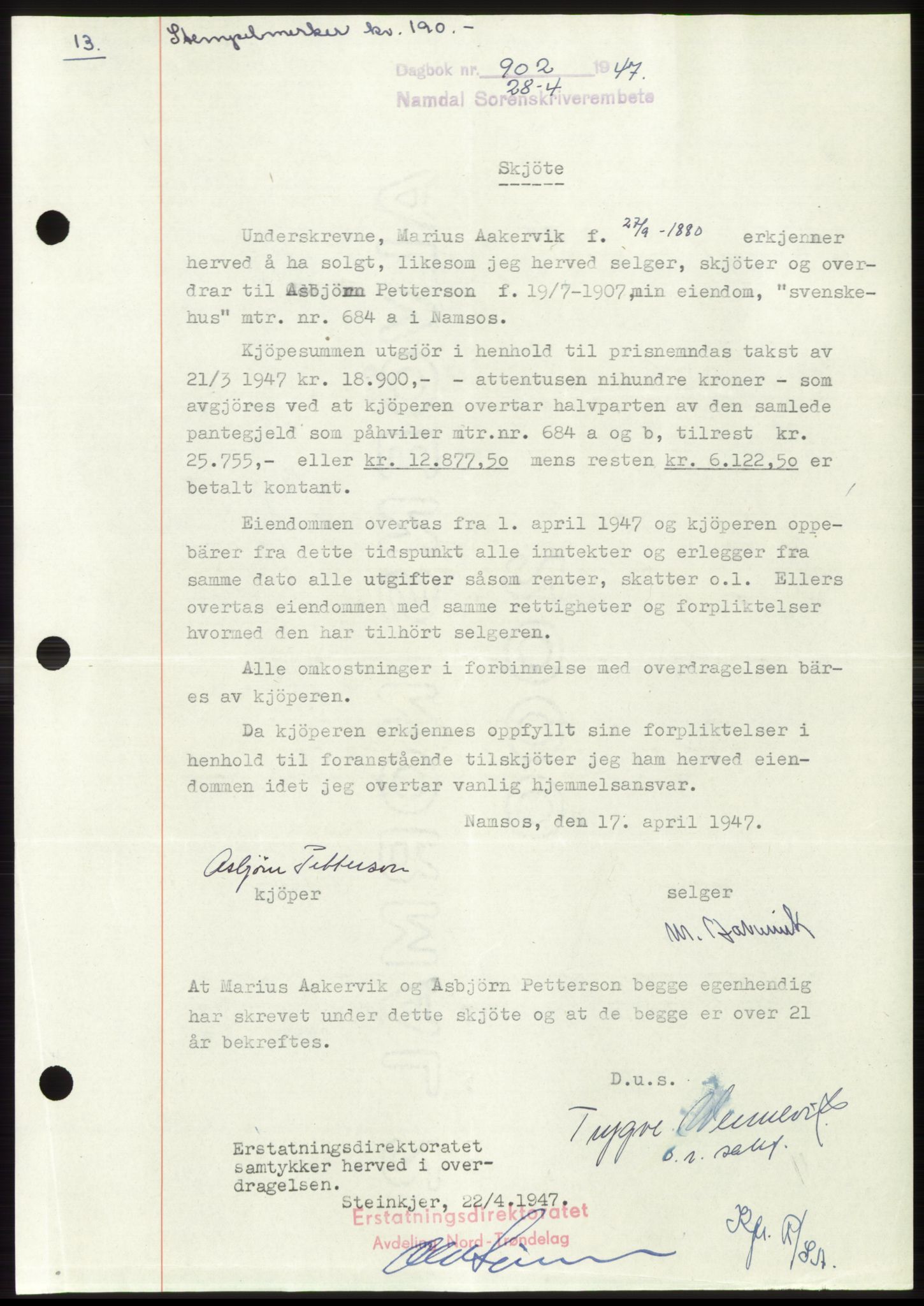 Namdal sorenskriveri, SAT/A-4133/1/2/2C: Pantebok nr. -, 1947-1947, Dagboknr: 902/1947
