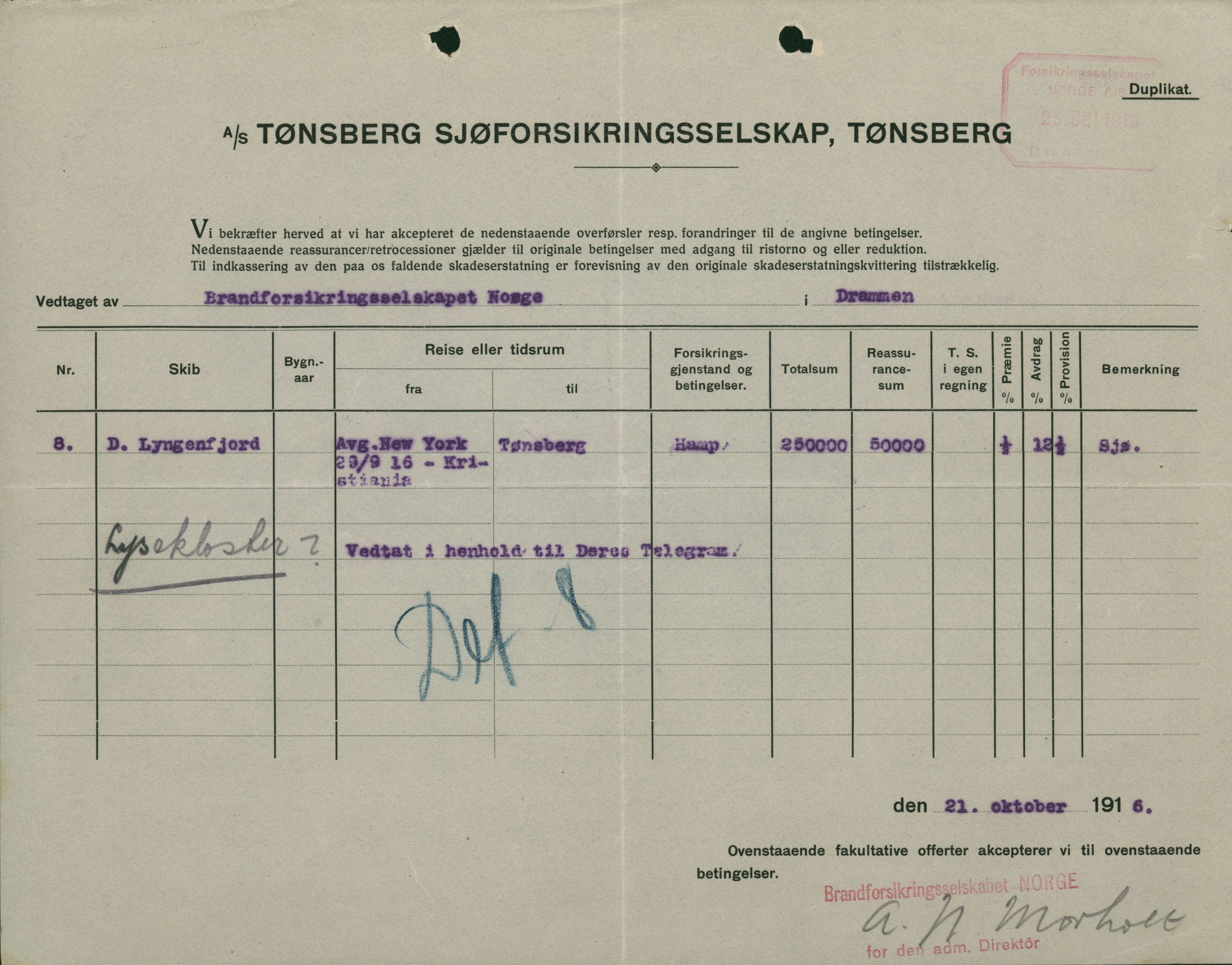 Pa 664 - Tønsberg Sjøforsikringsselskap, VEMU/A-1773/F/L0001: Forsikringspoliser, 1915-1918