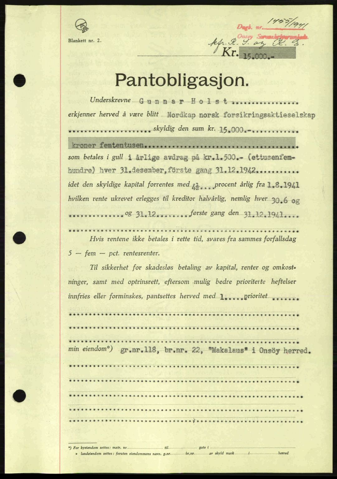 Onsøy sorenskriveri, SAO/A-10474/G/Ga/Gac/L0003: Pantebok nr. B3, 1940-1944, Dagboknr: 1455/1941