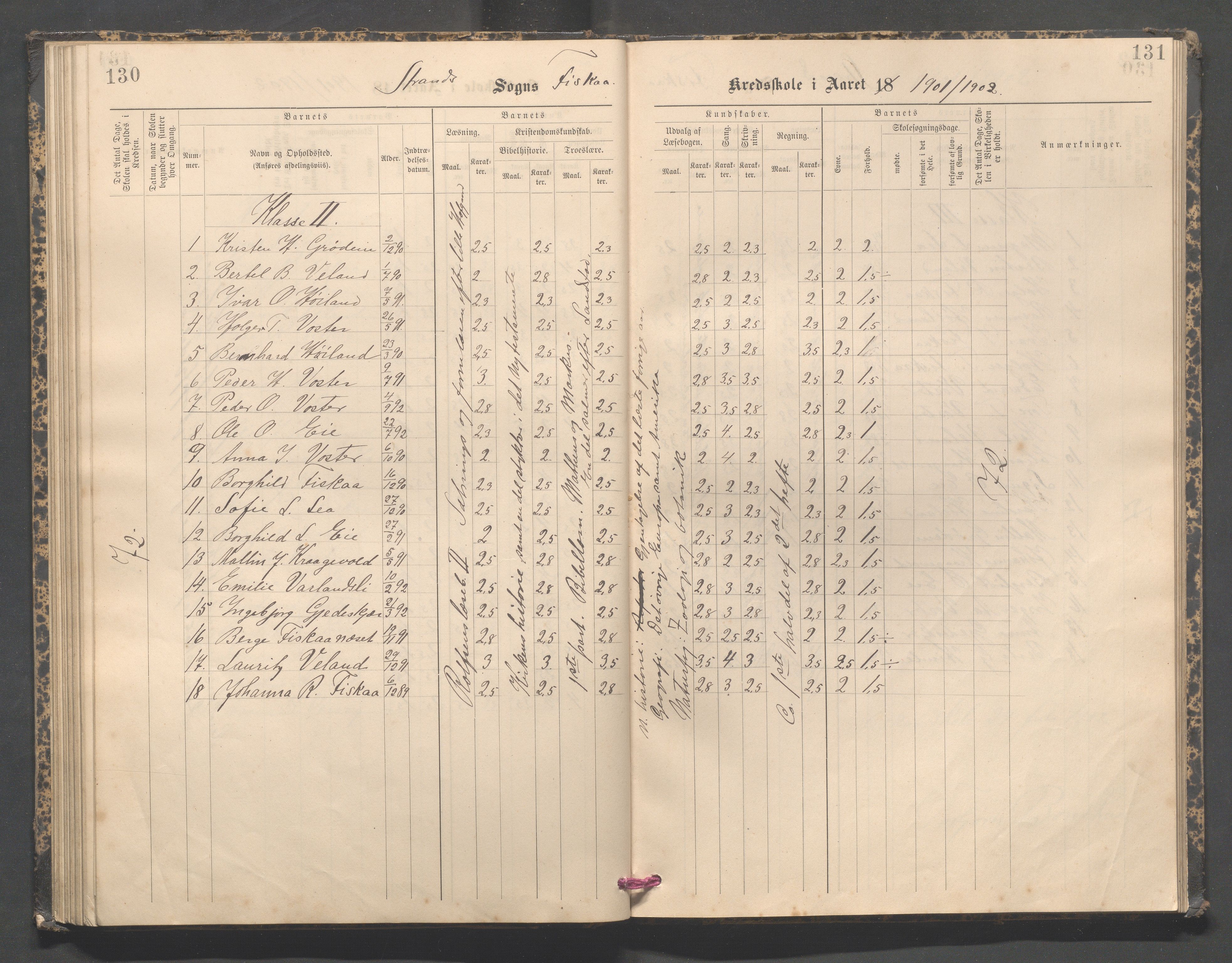 Strand kommune - Fiskå skole, IKAR/A-155/H/L0003: Skoleprotokoll for Fiskå krets, 1892-1903, s. 130-131
