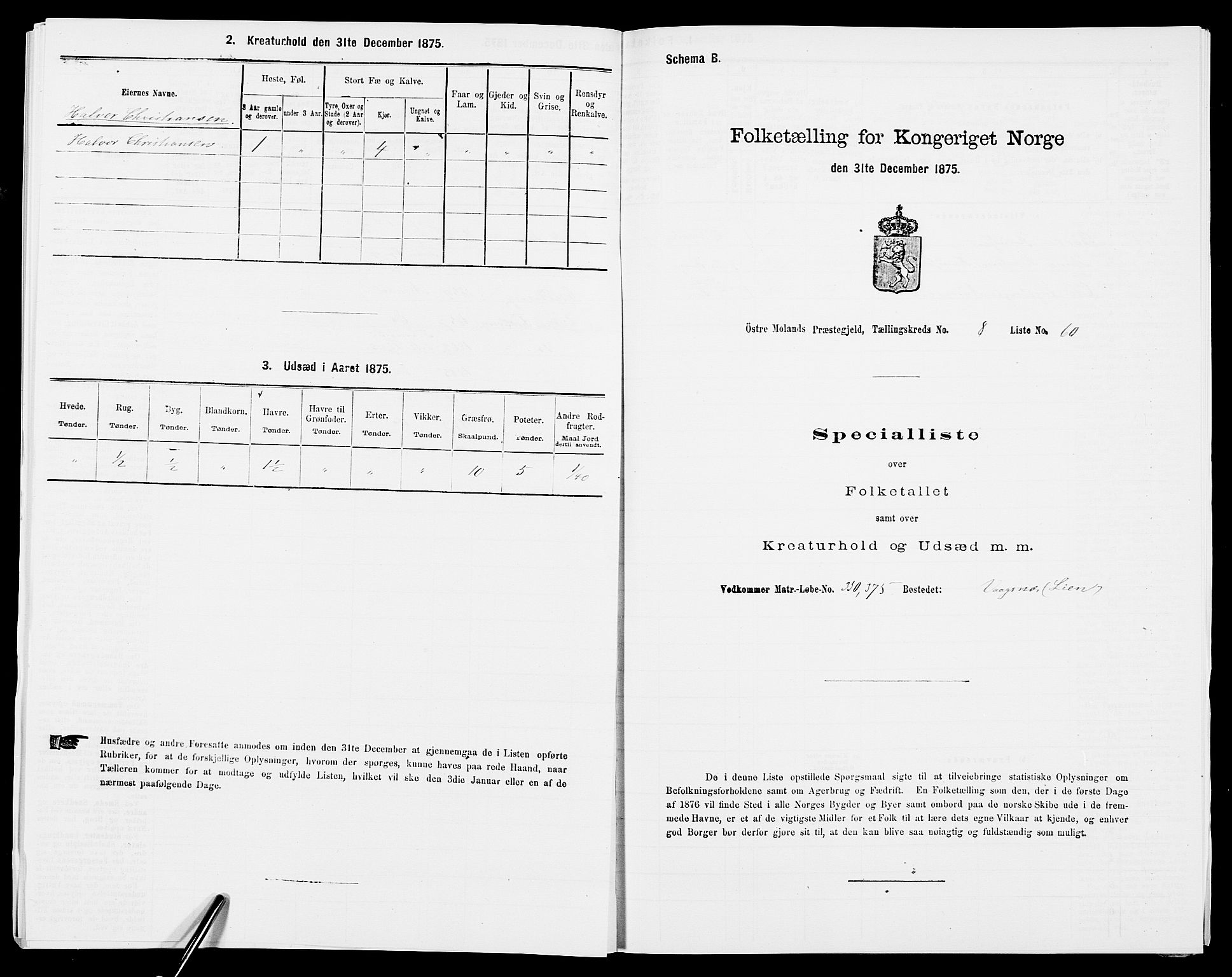 SAK, Folketelling 1875 for 0918P Austre Moland prestegjeld, 1875, s. 2443