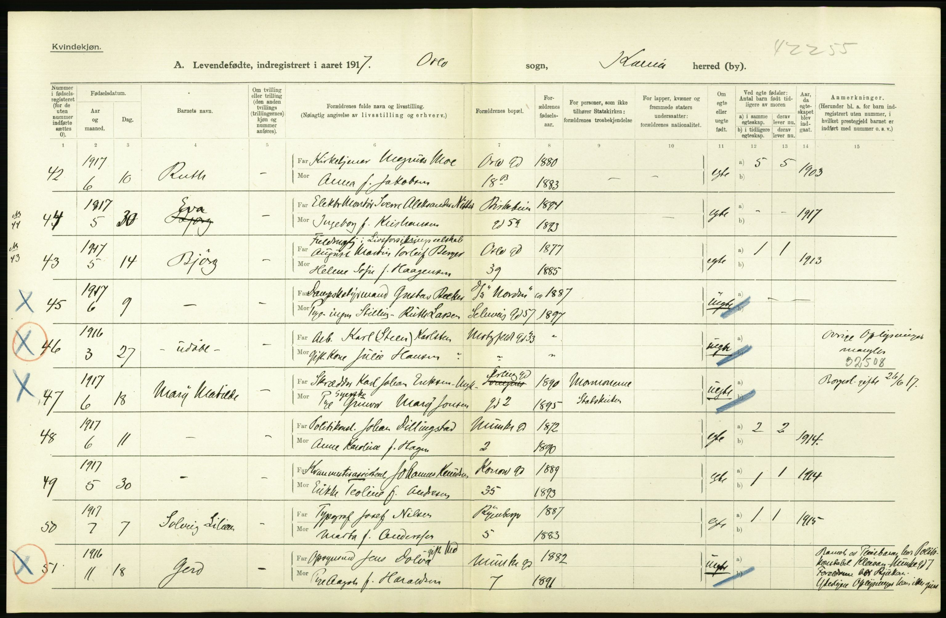 Statistisk sentralbyrå, Sosiodemografiske emner, Befolkning, AV/RA-S-2228/D/Df/Dfb/Dfbg/L0006: Kristiania: Levendefødte menn og kvinner., 1917, s. 574