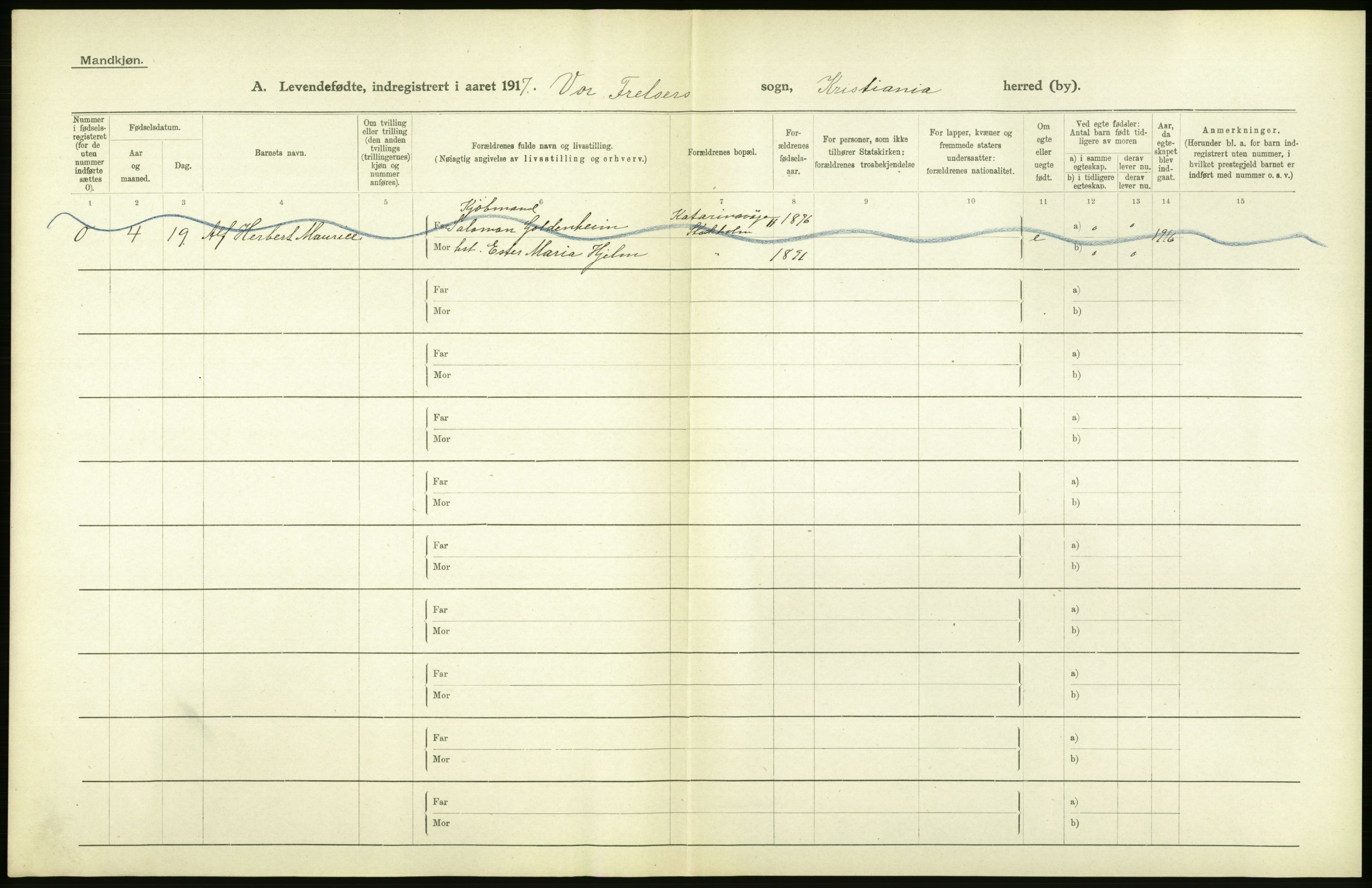 Statistisk sentralbyrå, Sosiodemografiske emner, Befolkning, AV/RA-S-2228/D/Df/Dfb/Dfbg/L0007: Kristiania: Levendefødte menn og kvinner., 1917, s. 16