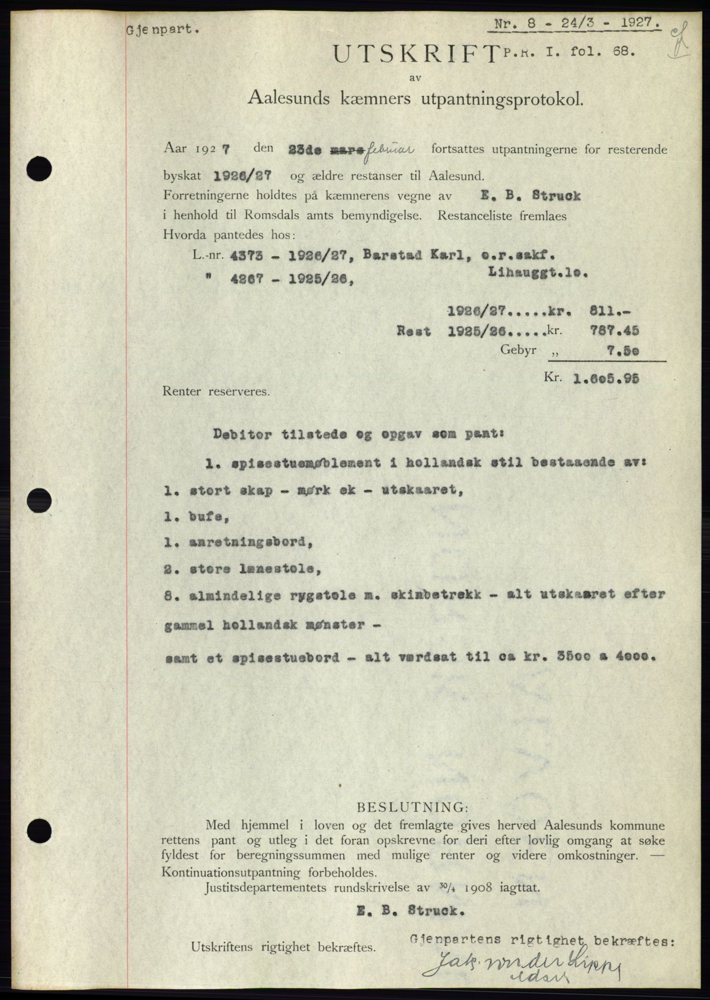 Ålesund byfogd, AV/SAT-A-4384: Pantebok nr. 21, 1926-1927, Tingl.dato: 24.03.1927