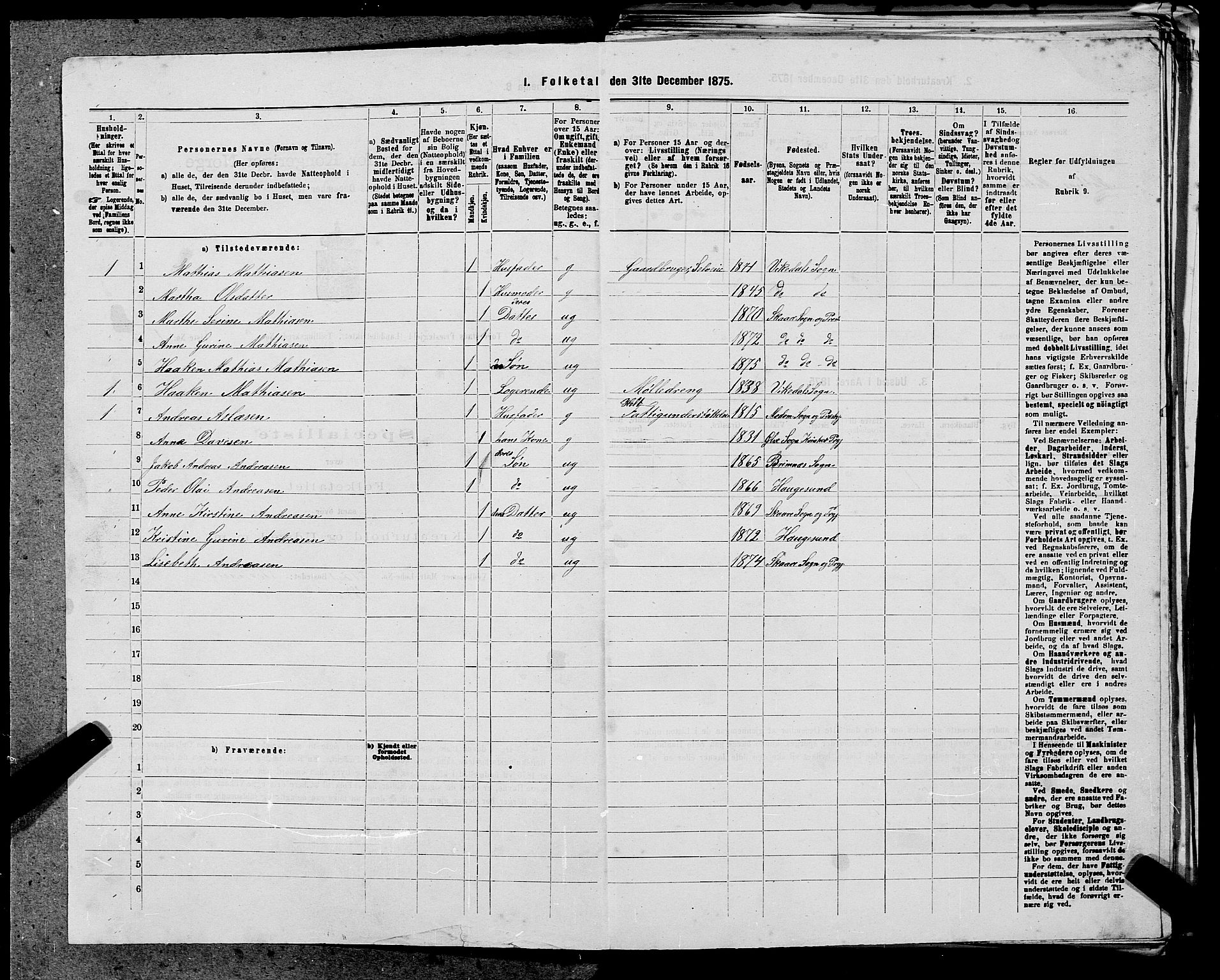 SAST, Folketelling 1875 for 1152L Torvastad prestegjeld, Torvastad sokn, Skåre sokn og Utsira sokn, 1875, s. 1116