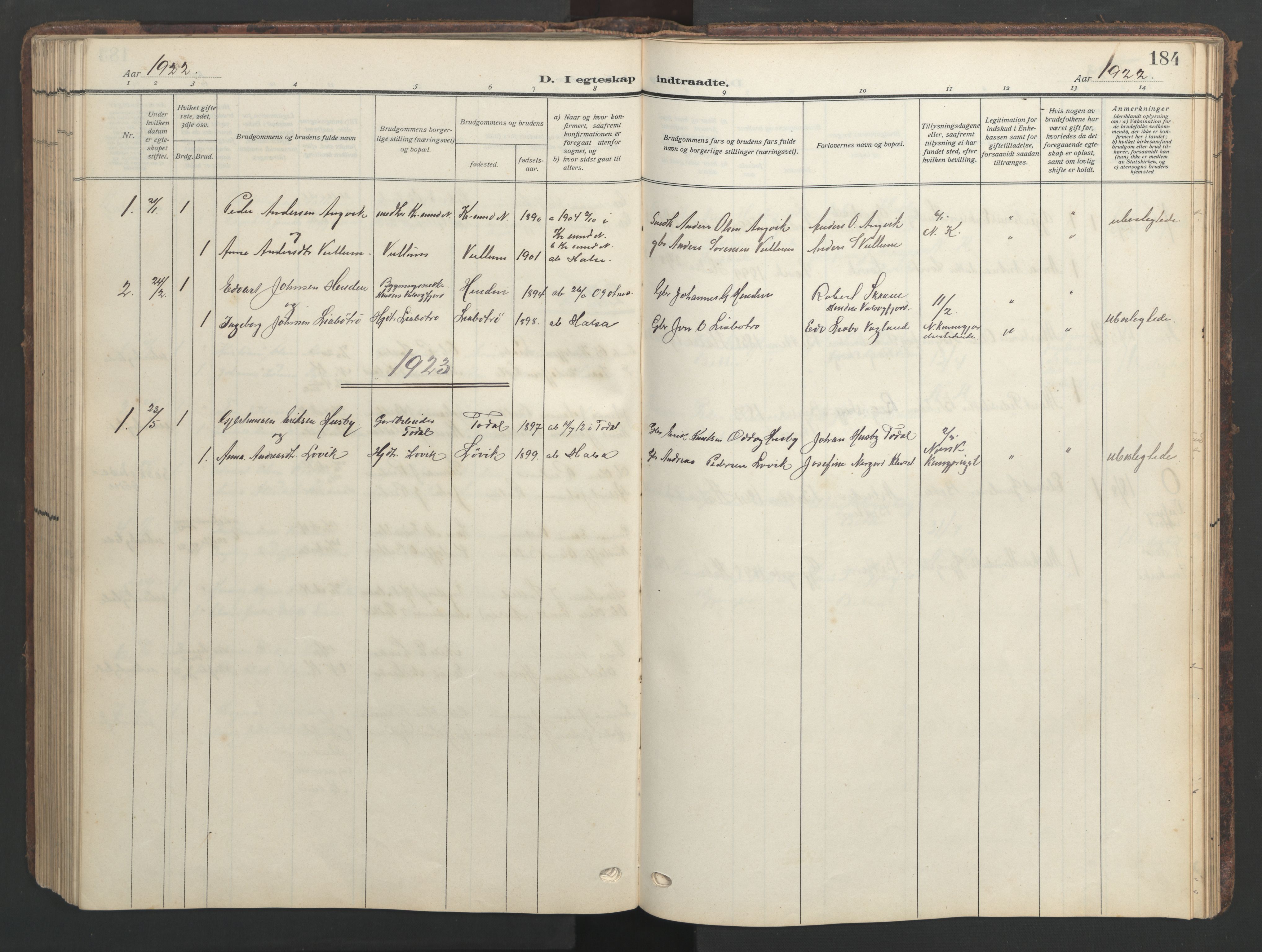 Ministerialprotokoller, klokkerbøker og fødselsregistre - Møre og Romsdal, SAT/A-1454/576/L0891: Klokkerbok nr. 576C02, 1909-1946, s. 184