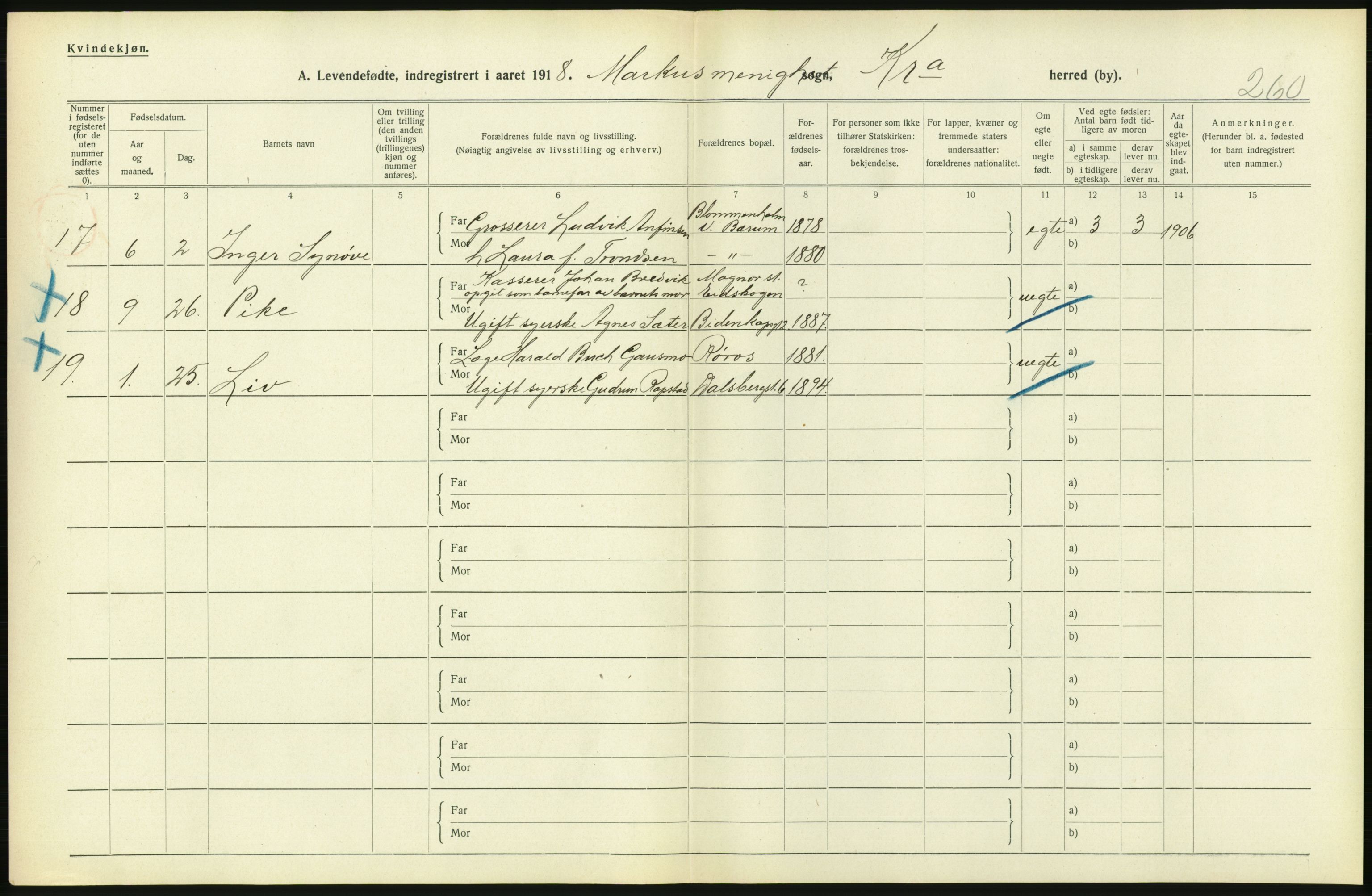 Statistisk sentralbyrå, Sosiodemografiske emner, Befolkning, RA/S-2228/D/Df/Dfb/Dfbh/L0007: Kristiania: Levendefødte menn og kvinner., 1918, s. 338