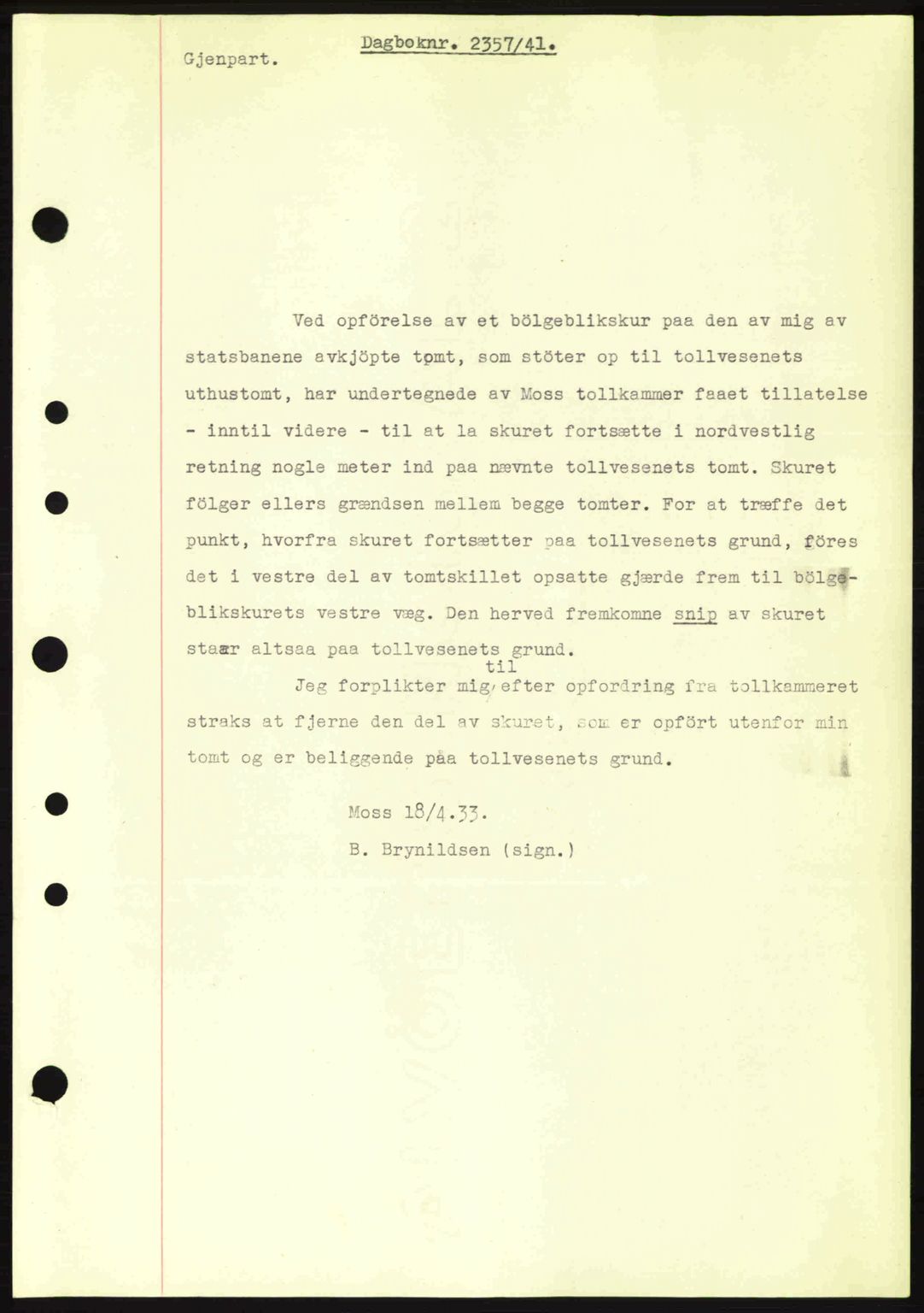Moss sorenskriveri, SAO/A-10168: Pantebok nr. A9, 1941-1942, Dagboknr: 2357/1941