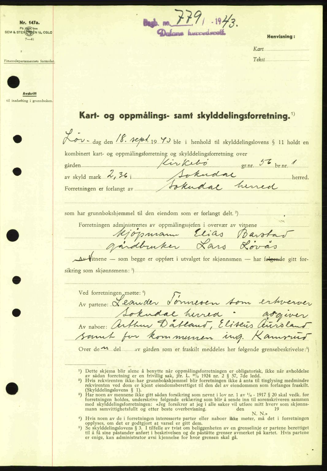 Dalane sorenskriveri, SAST/A-100309/02/G/Gb/L0046: Pantebok nr. A7, 1942-1943, Dagboknr: 779/1943